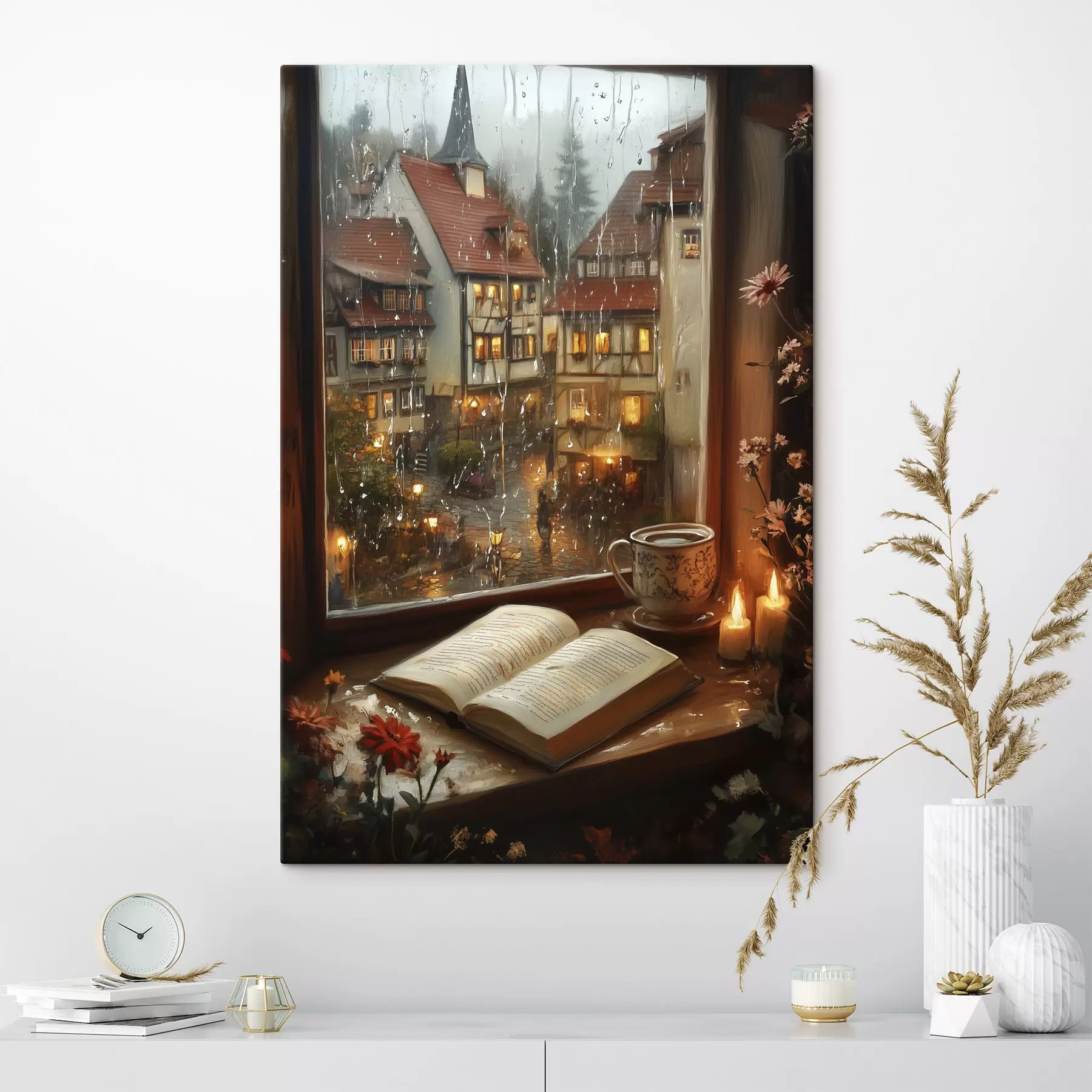 carta da parati Libro sul davanzale della finestra, candele, giornata di pioggia, ambiente accogliente nr. s44722