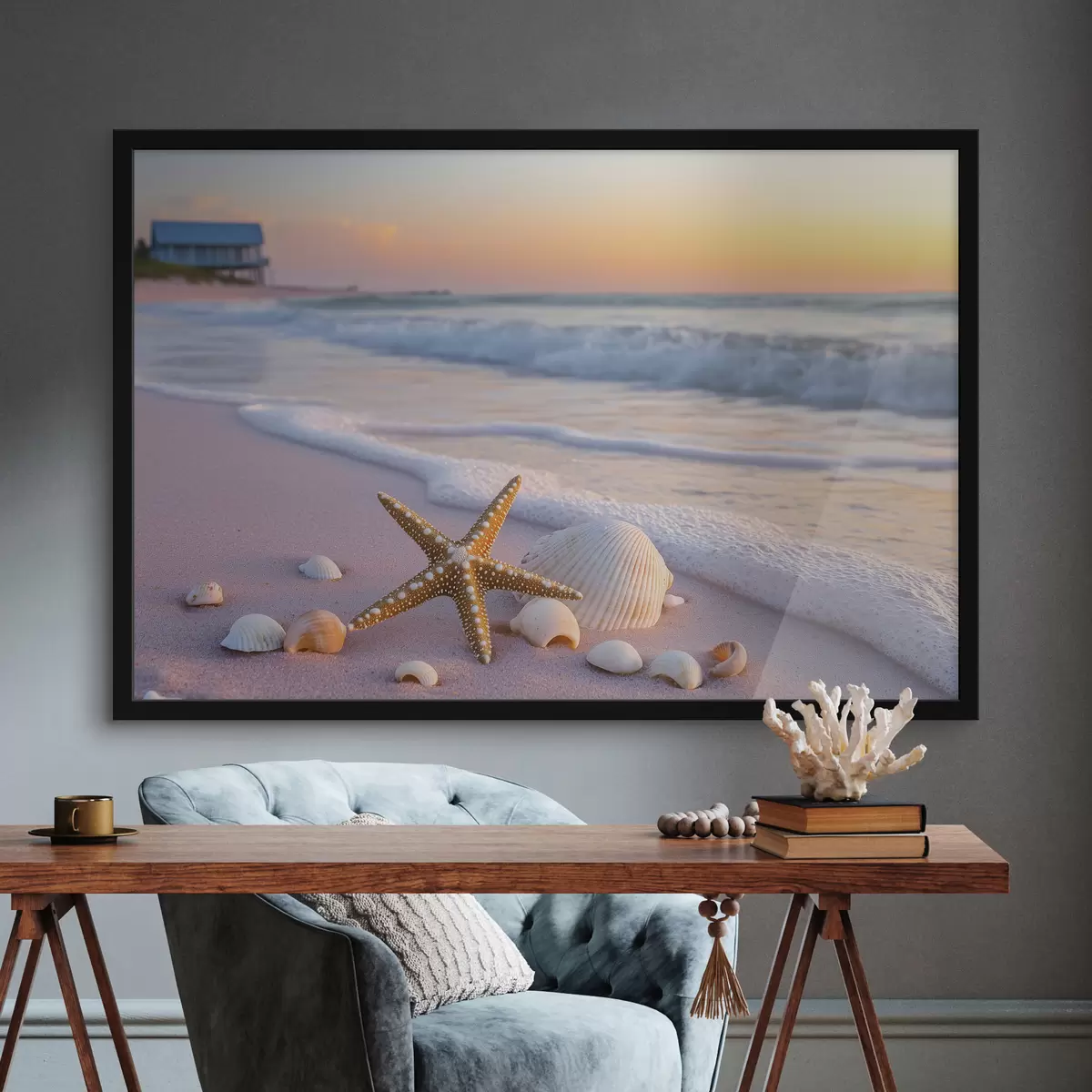 Poster Costa marina con stelle marine, conchiglie e onde f44714