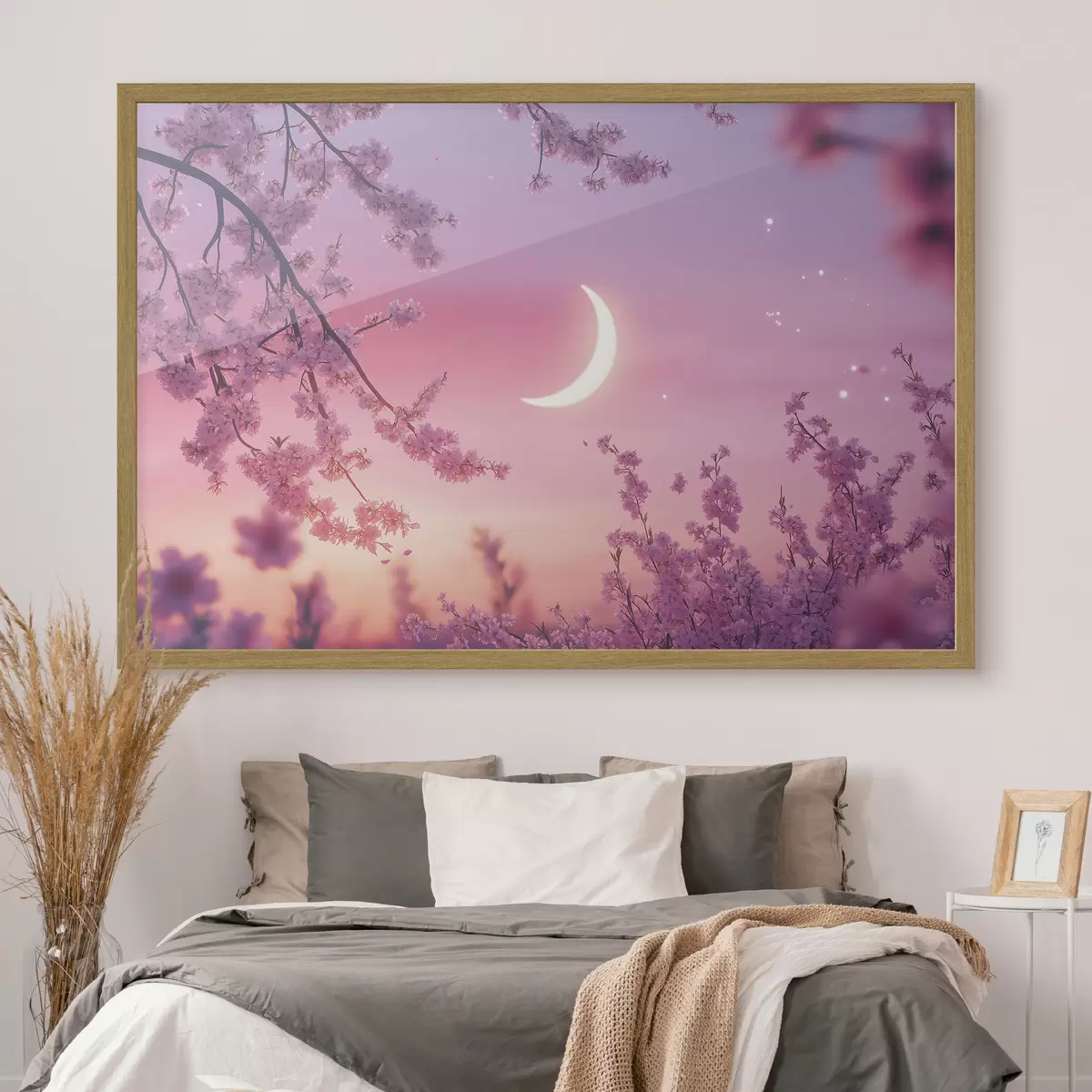 Poster Fiori di ciliegio, cielo rosa con luna splendente, realismo f44715