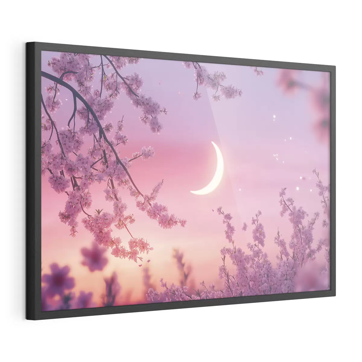 Poster Fiori di ciliegio, cielo rosa con luna splendente, realismo f44715