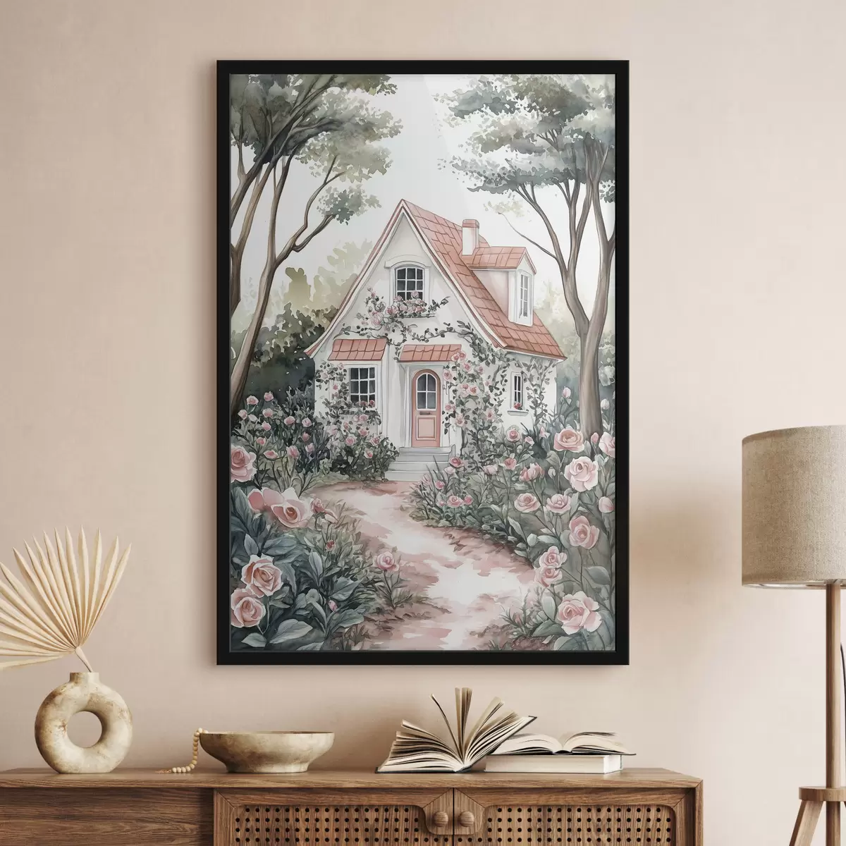 Poster Casa bianca con giardino di rose nel bosco f44716