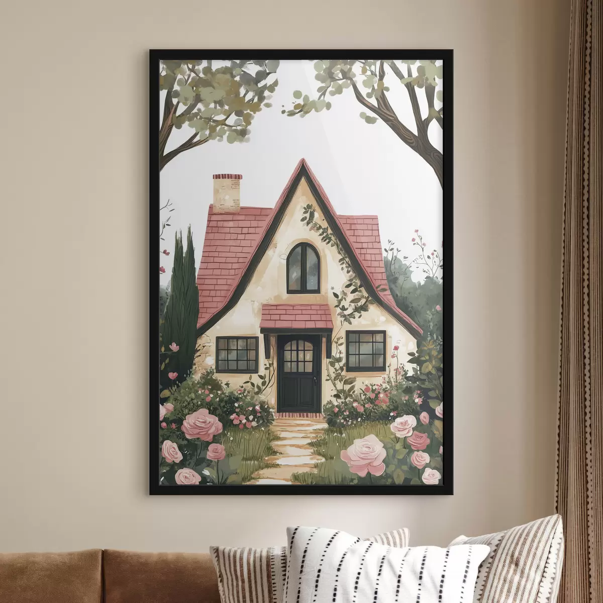 Poster Una casa da favola nel bosco, rose, stile pastello f44718