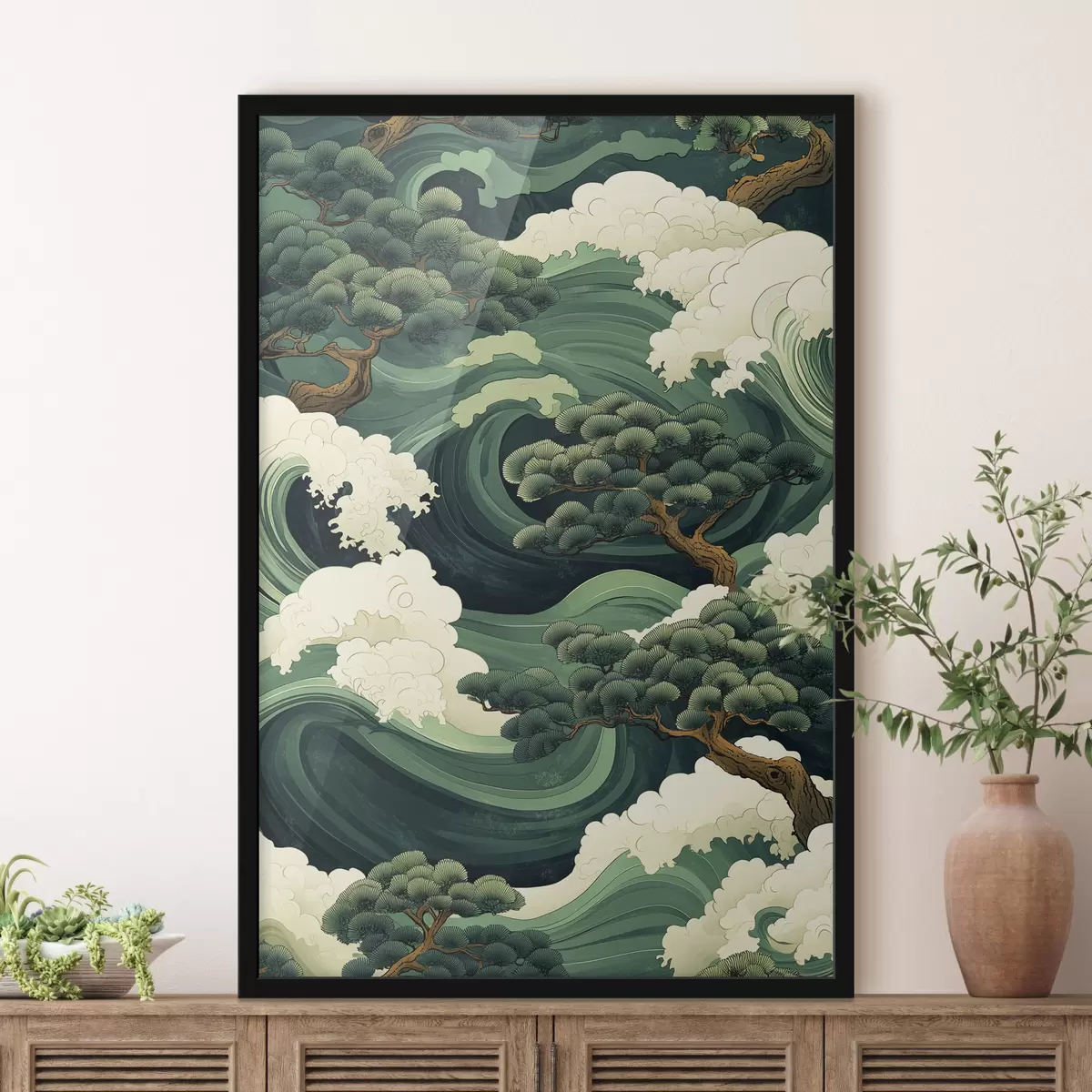 Poster Disegno in stile cinese con onde del mare e pini f44719