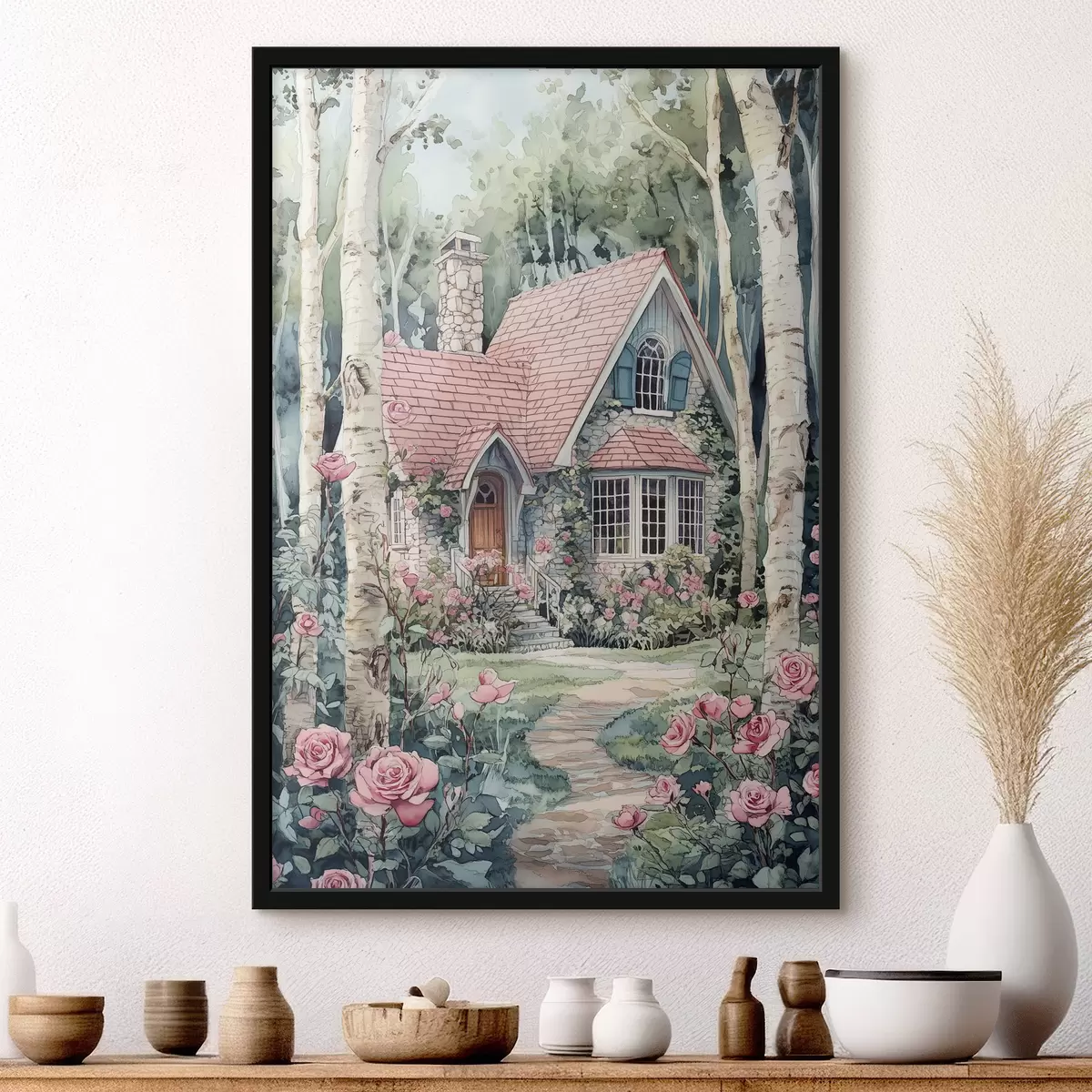 Poster Bellissima casa tra le betulle, giardino di rose f44721