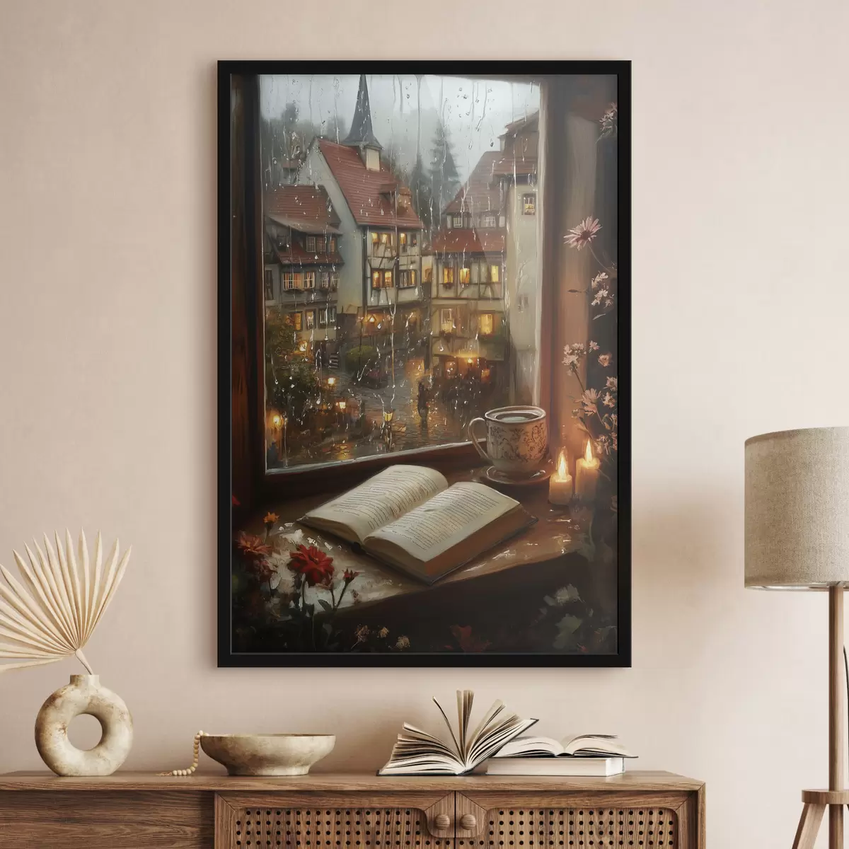 Poster Libro sul davanzale della finestra, candele, giornata di pioggia, ambiente accogliente f44722