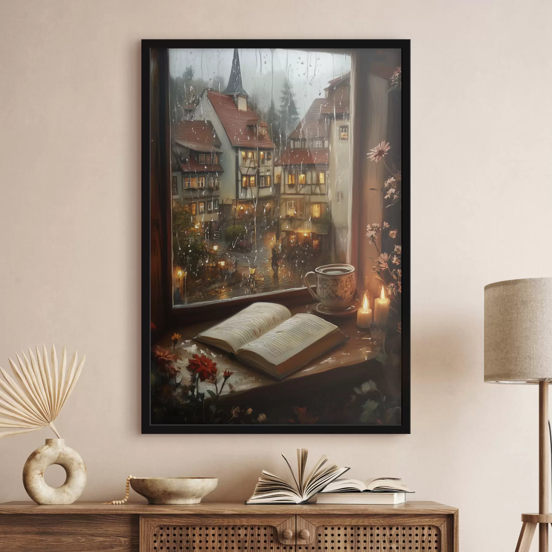 carta da parati Libro sul davanzale della finestra, candele, giornata di pioggia, ambiente accogliente nr. f44722