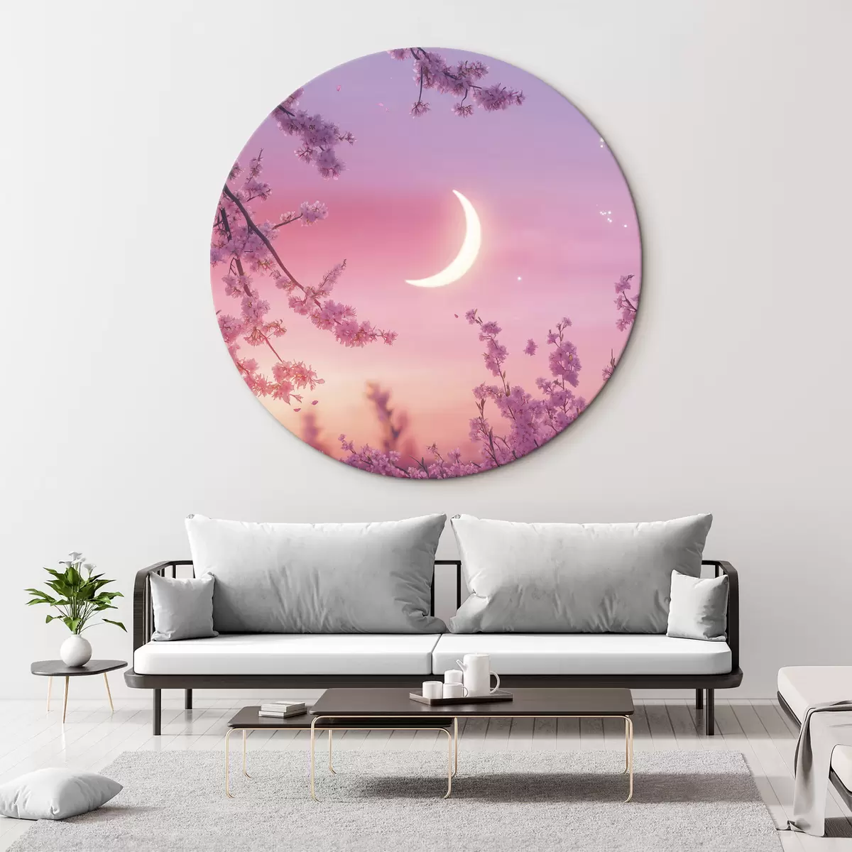 Quadri rotondi Fiori di ciliegio, cielo rosa con luna splendente, realismo r44715