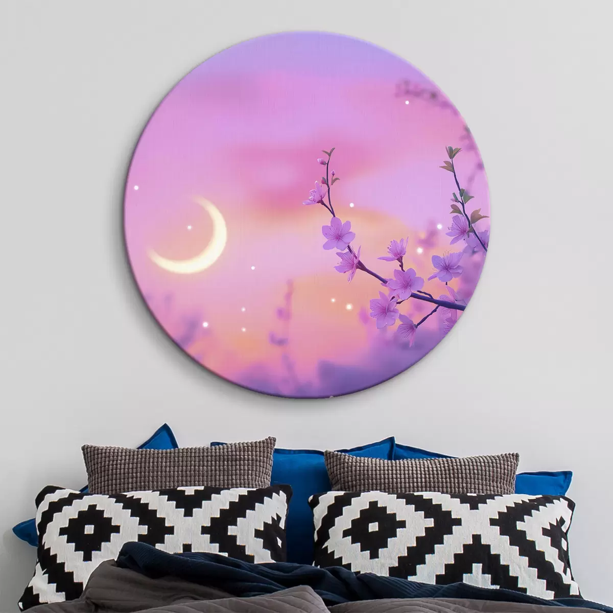Quadri rotondi Cielo viola con luna e ciliegi r44717