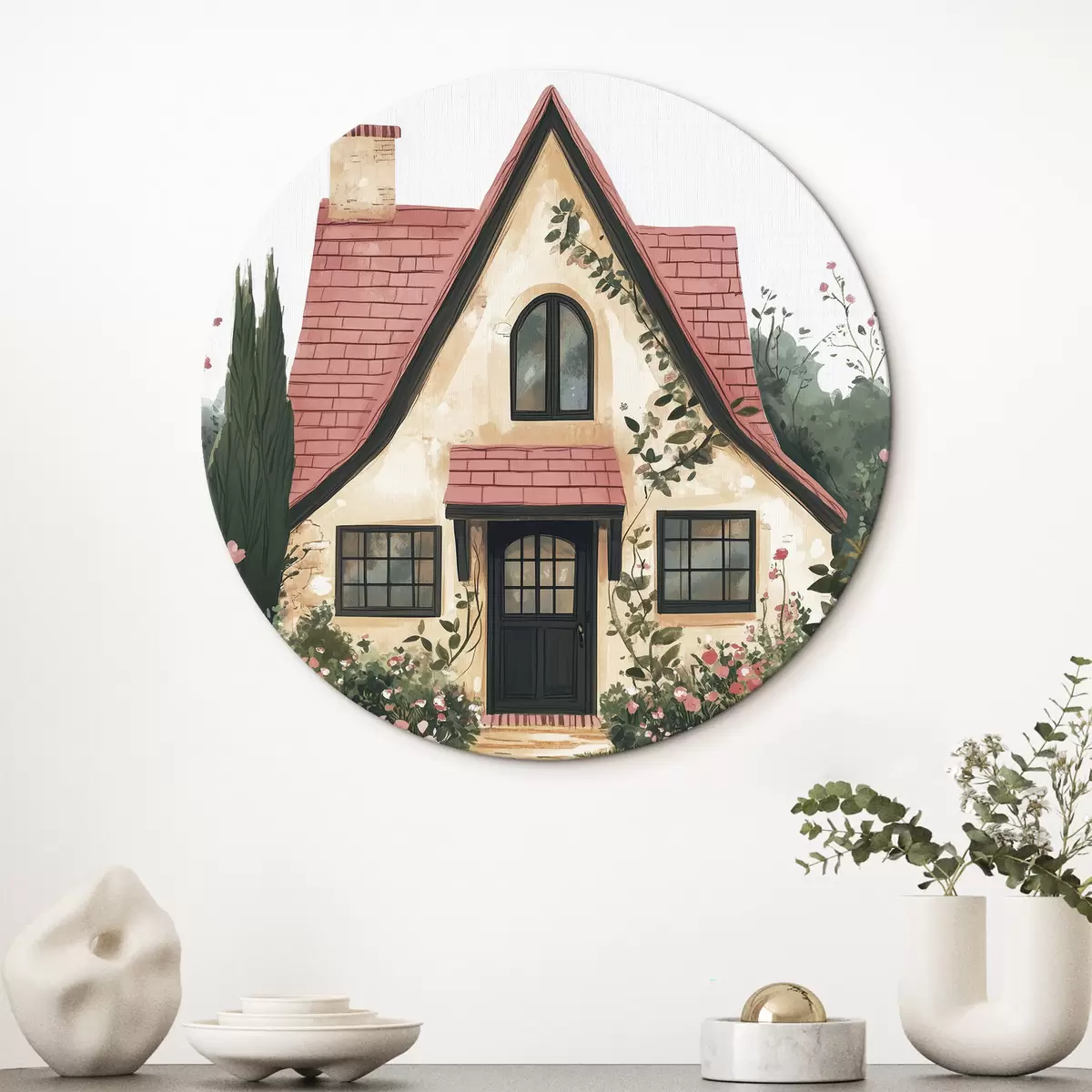 Quadri rotondi Una casa da favola nel bosco, rose, stile pastello r44718