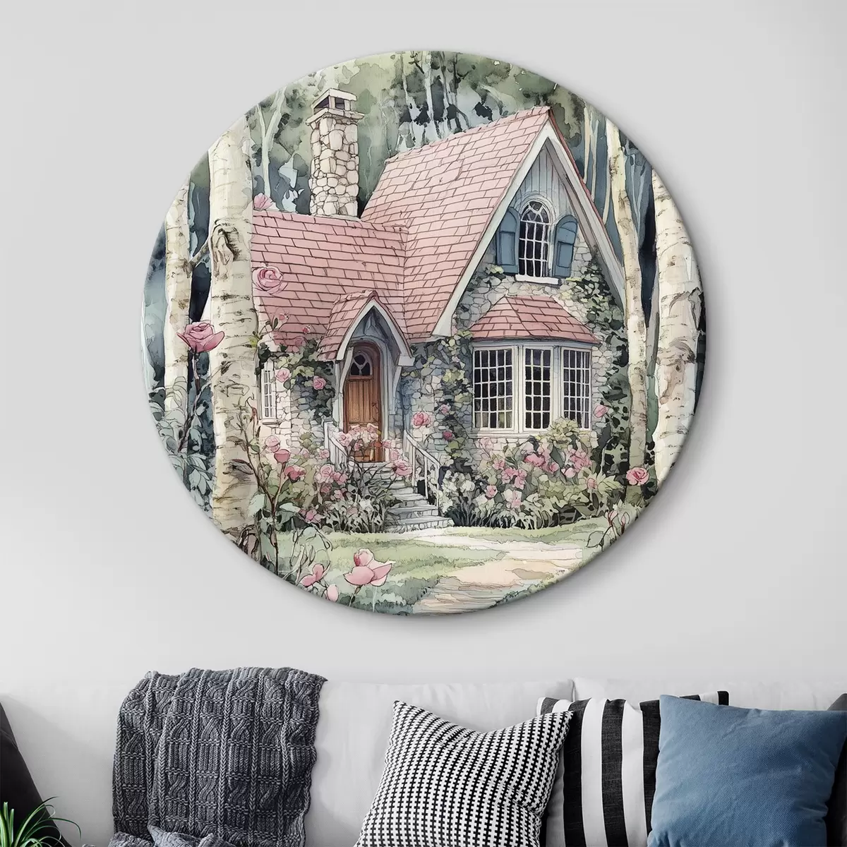 Quadri rotondi Bellissima casa tra le betulle, giardino di rose r44721