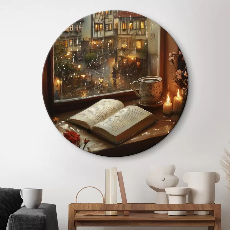 carta da parati Libro sul davanzale della finestra, candele, giornata di pioggia, ambiente accogliente nr. r44722