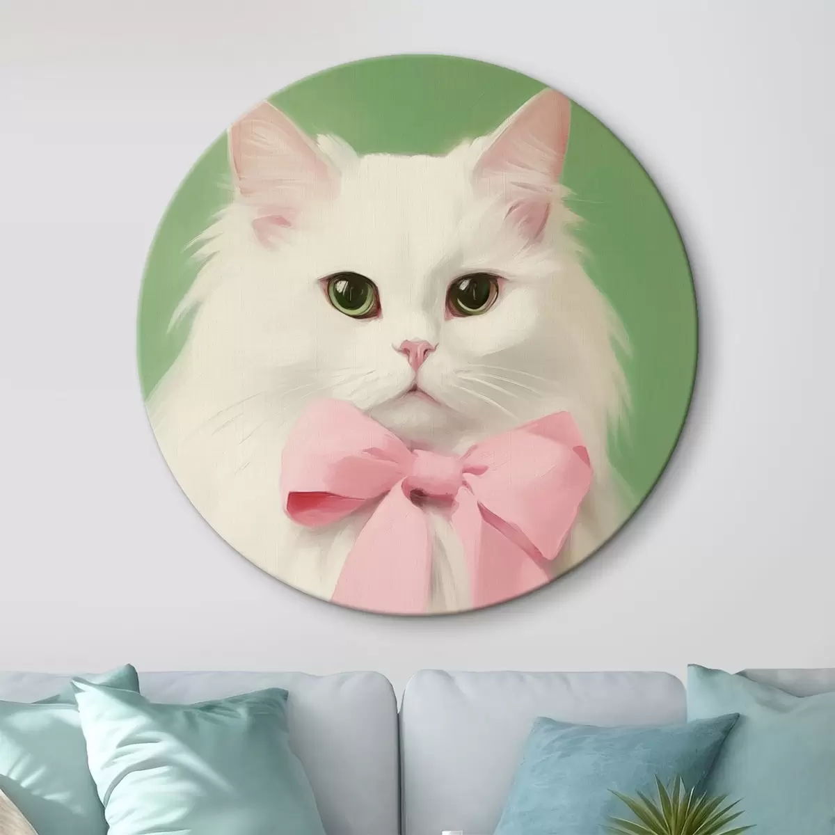 Quadri rotondi Gatto bianco con fiocco rosa r44739