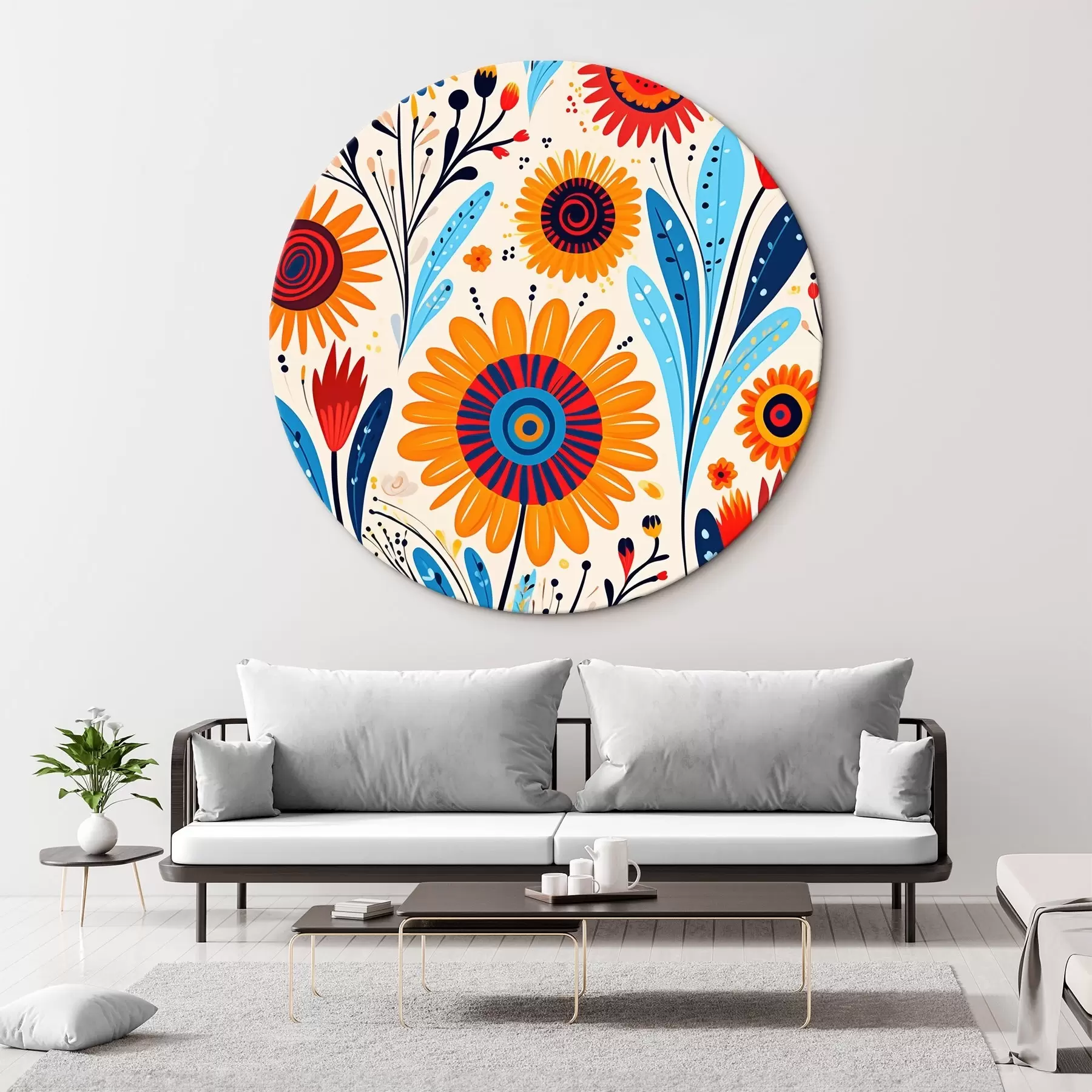carta da parati Fiori stilizzati nella tavolozza blu e arancione nr. r44761
