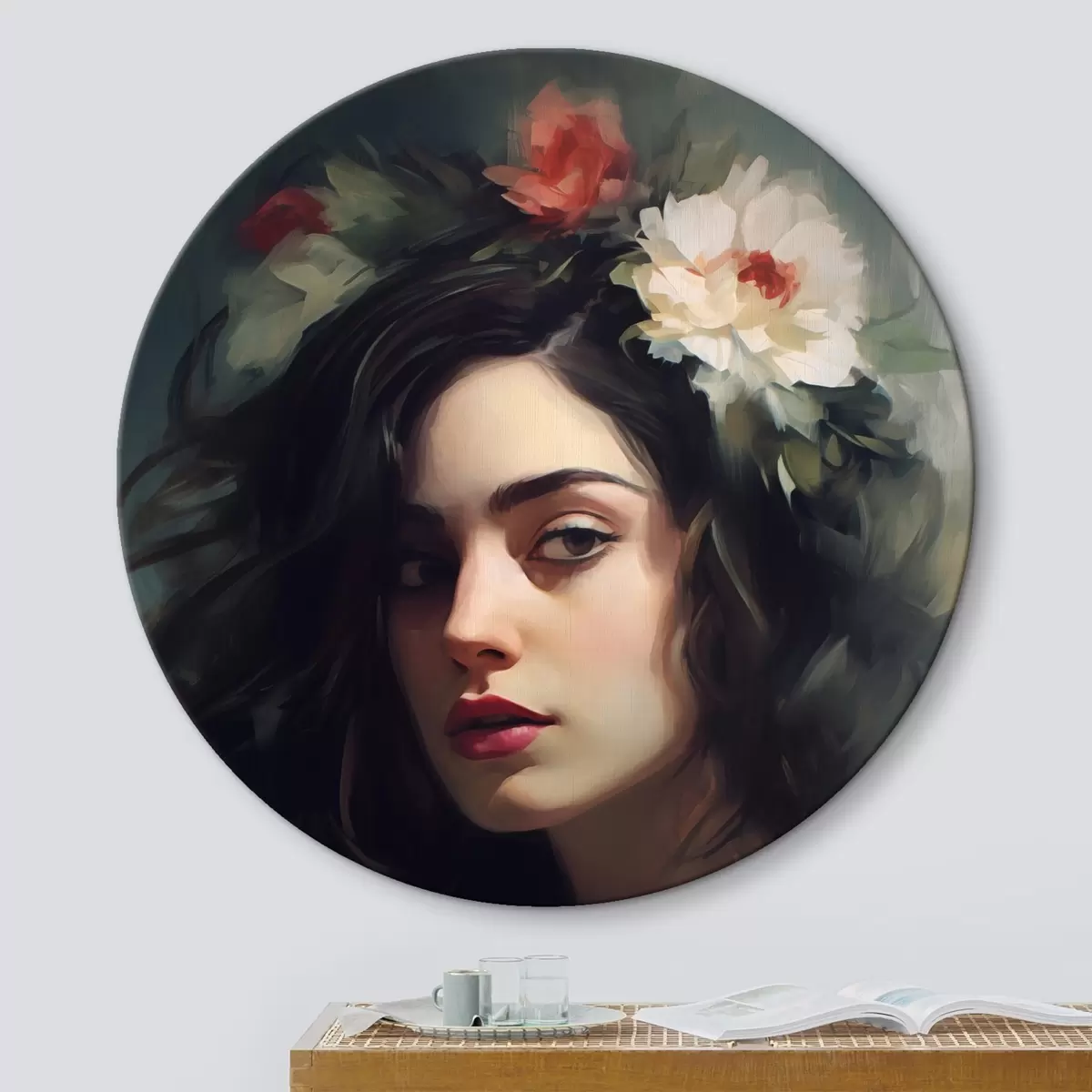 Quadri rotondi Donna dai capelli scuri con corona di fiori r44762