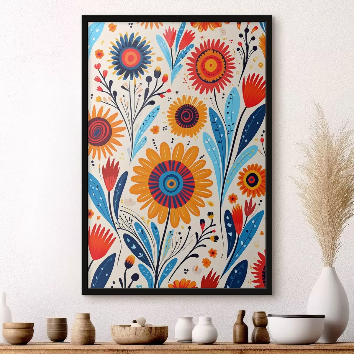 Poster Fiori stilizzati nella tavolozza blu e arancione f44761