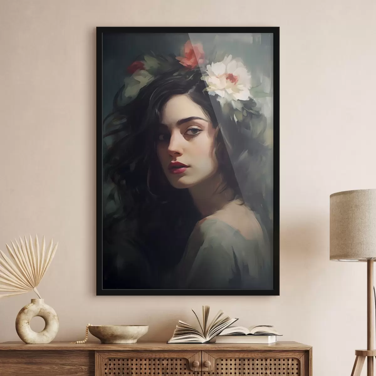 Poster Donna dai capelli scuri con corona di fiori f44762