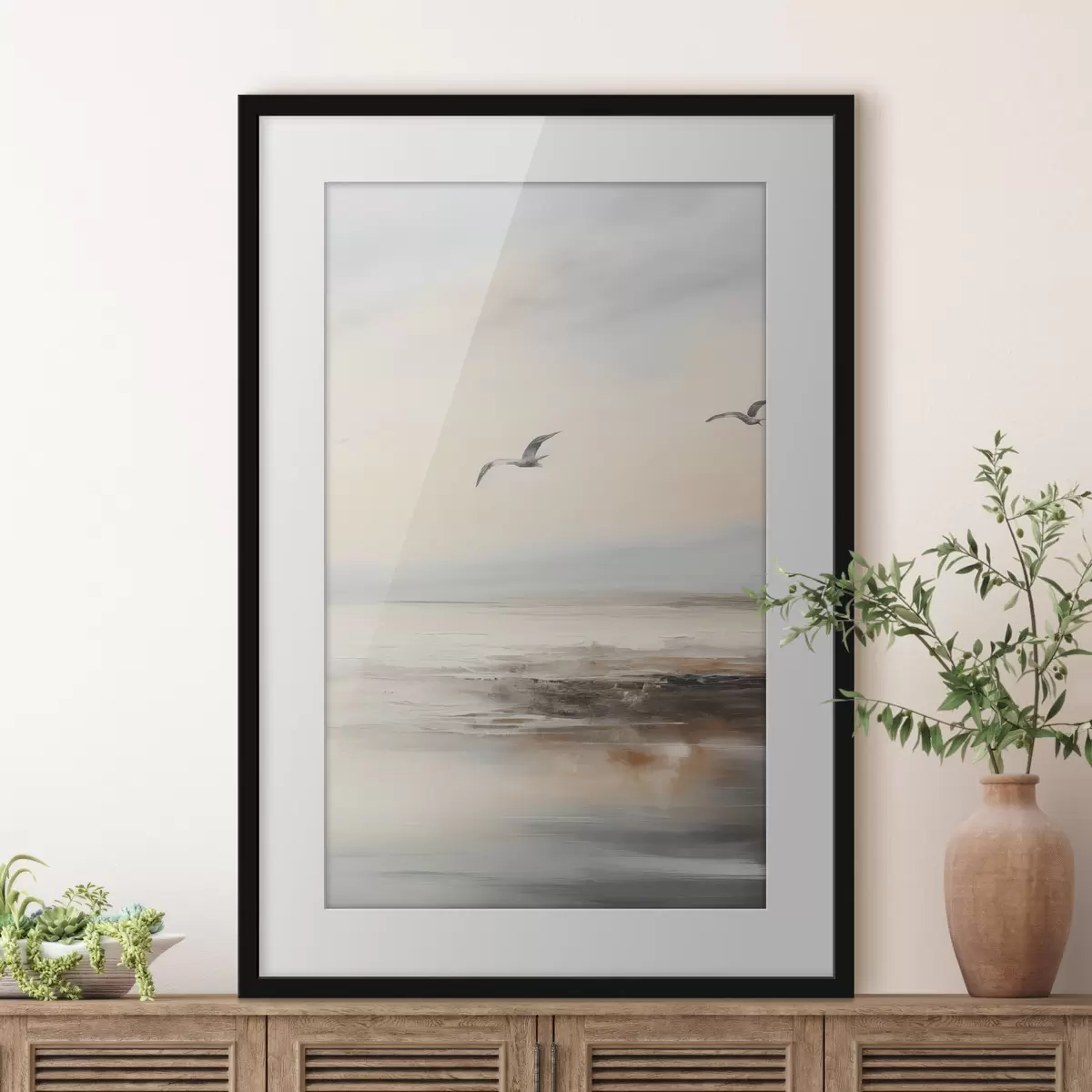 Poster Paesaggio pastello con gabbiani in volo f44763