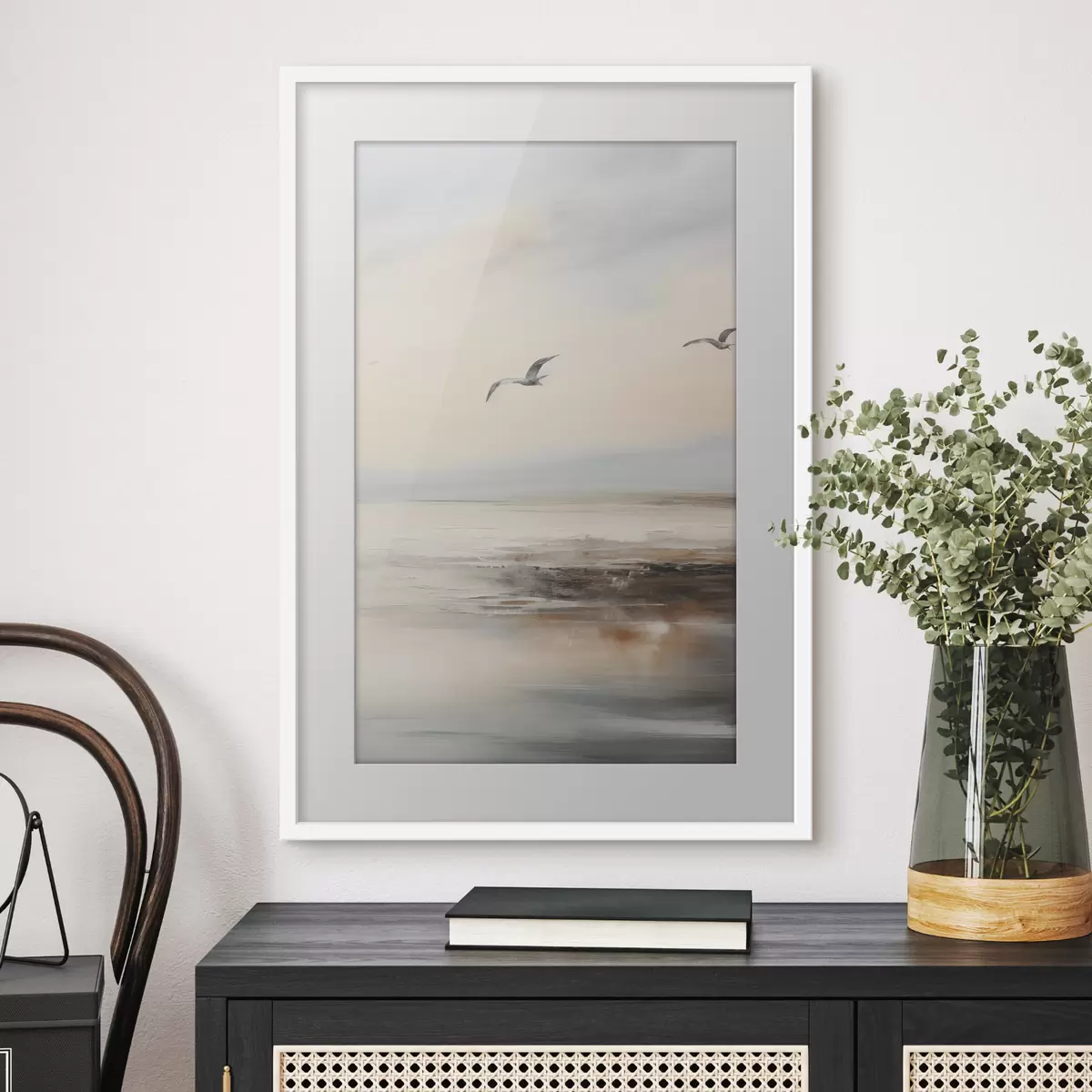 Poster Paesaggio pastello con gabbiani in volo f44763