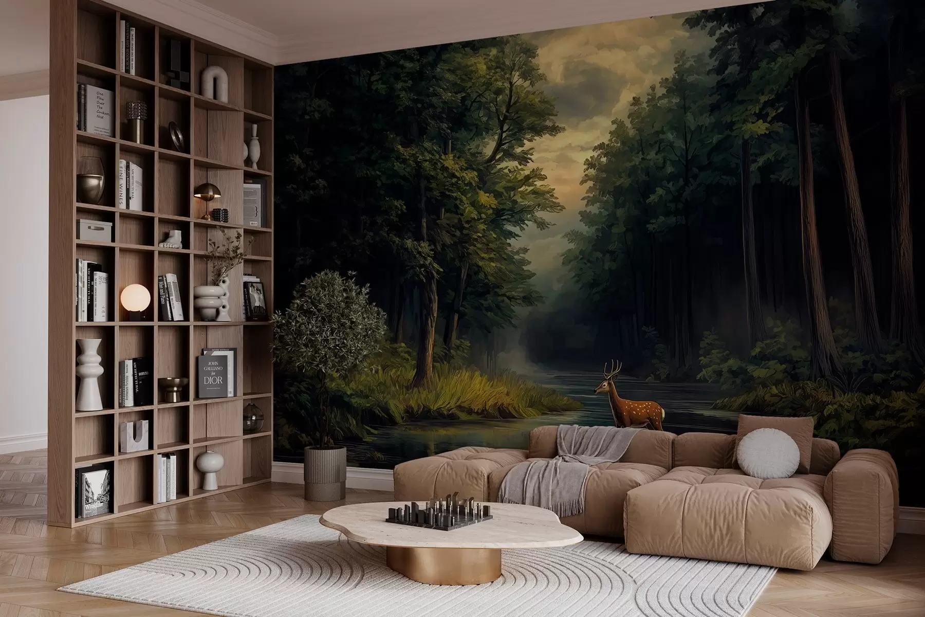 Carta da parati nature Foresta con cervi e fiume nello stile della pittura ad olio olandese 