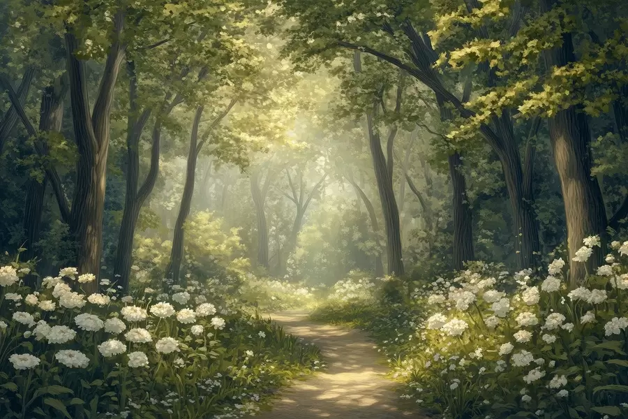 Carta da parati nature Sentiero nella foresta verde, fiori bianchi, luce del sole, disegno in stile acrilico 