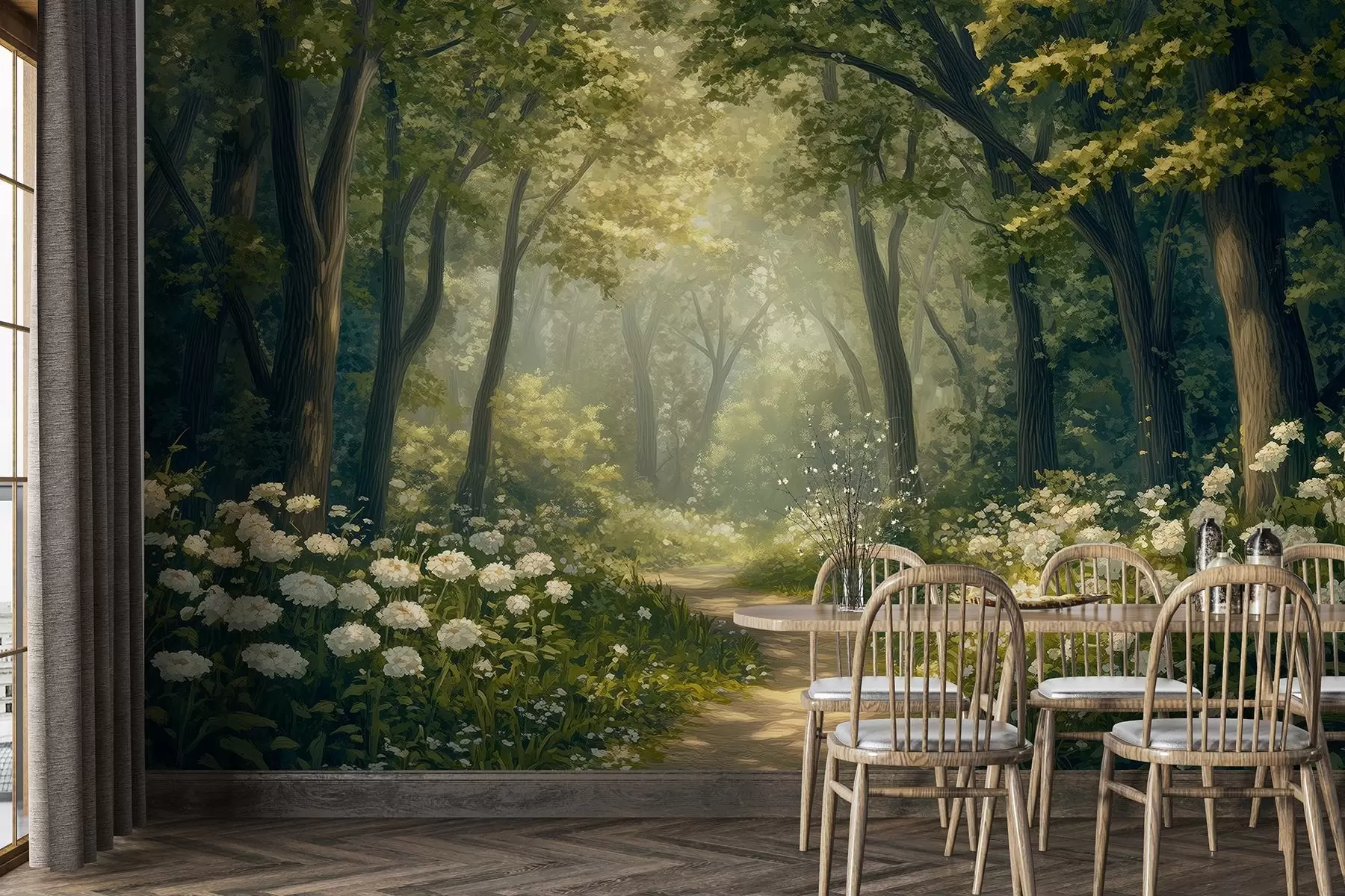 Carta da parati nature Sentiero nella foresta verde, fiori bianchi, luce del sole, disegno in stile acrilico 