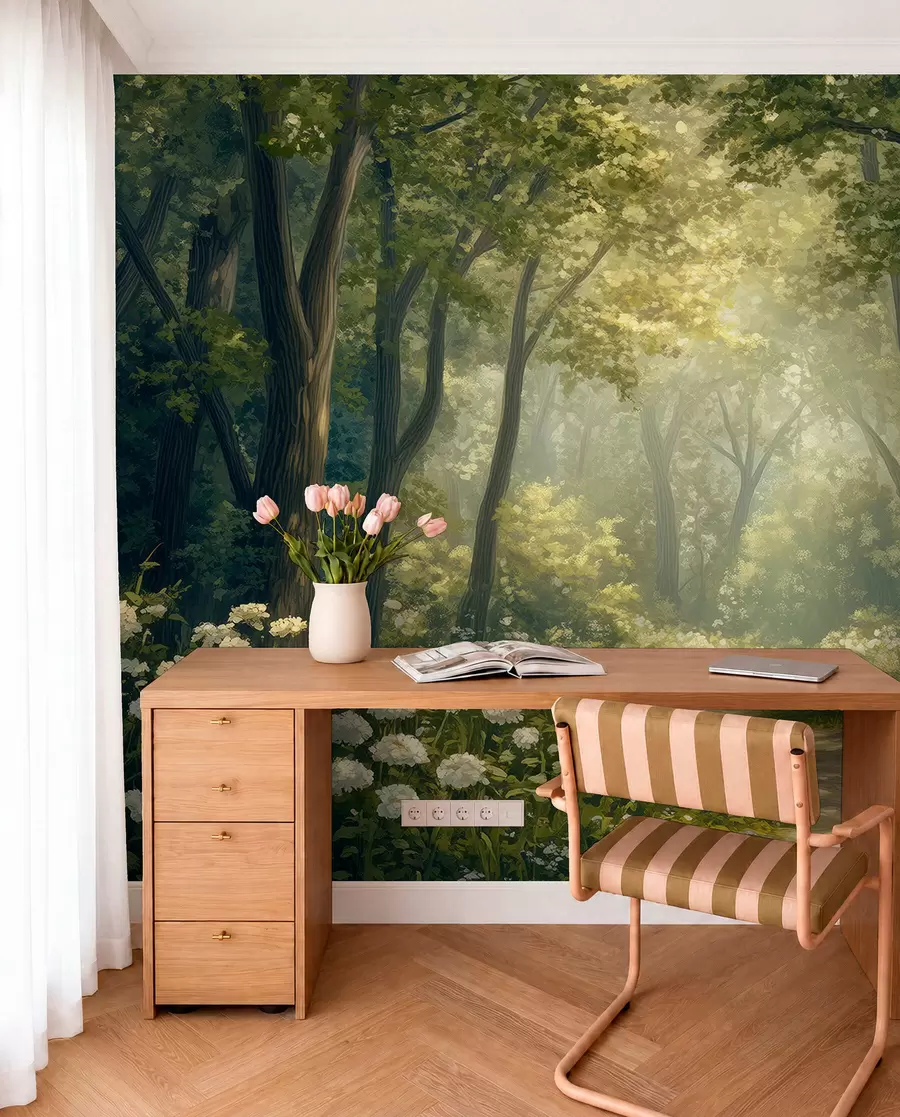 Carta da parati nature Sentiero nella foresta verde, fiori bianchi, luce del sole, disegno in stile acrilico 