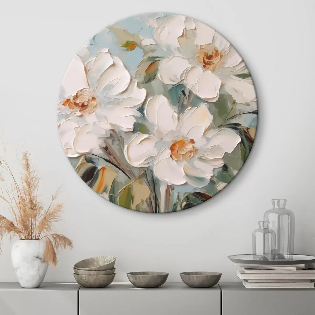 Quadri rotondi Pittura a imitazione di fiori bianchi r44775