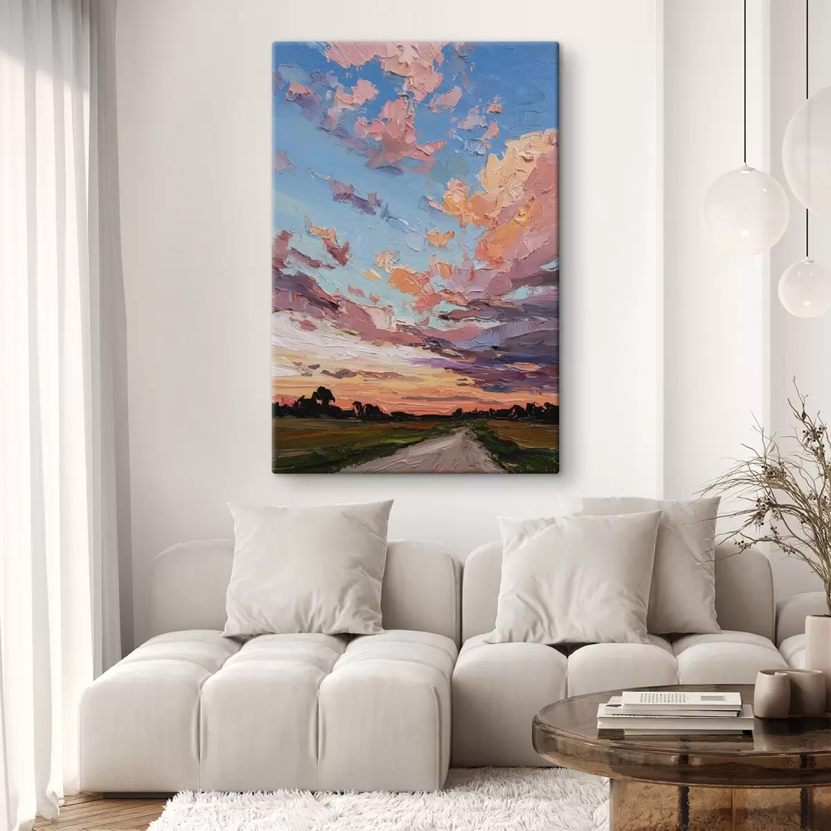 carta da parati Cielo al tramonto, strada nel campo, pennellate vivaci, imitazione dello stile ad olio  nr. s44795