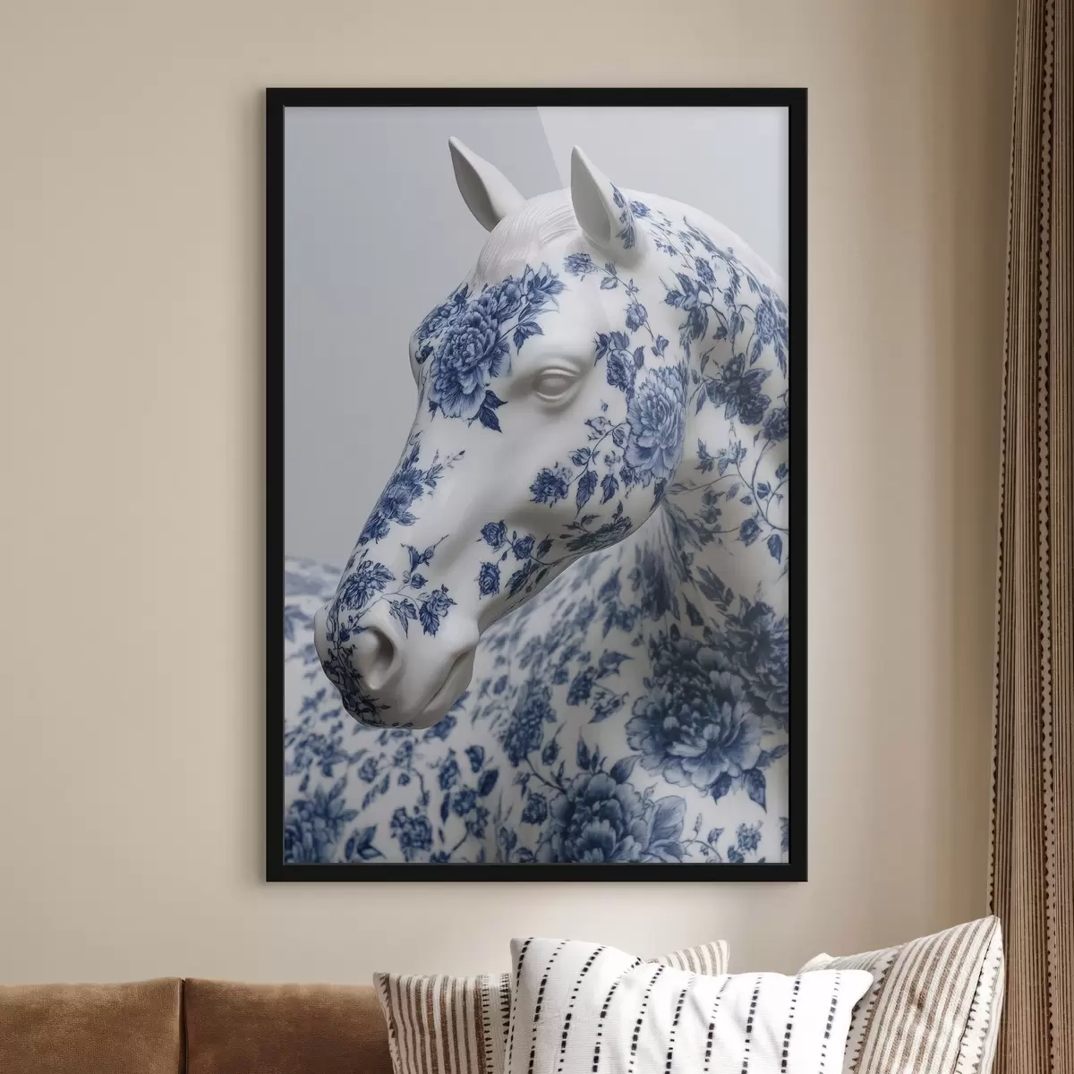 Poster Cavallo in porcellana con stampa di fiori blu f44789