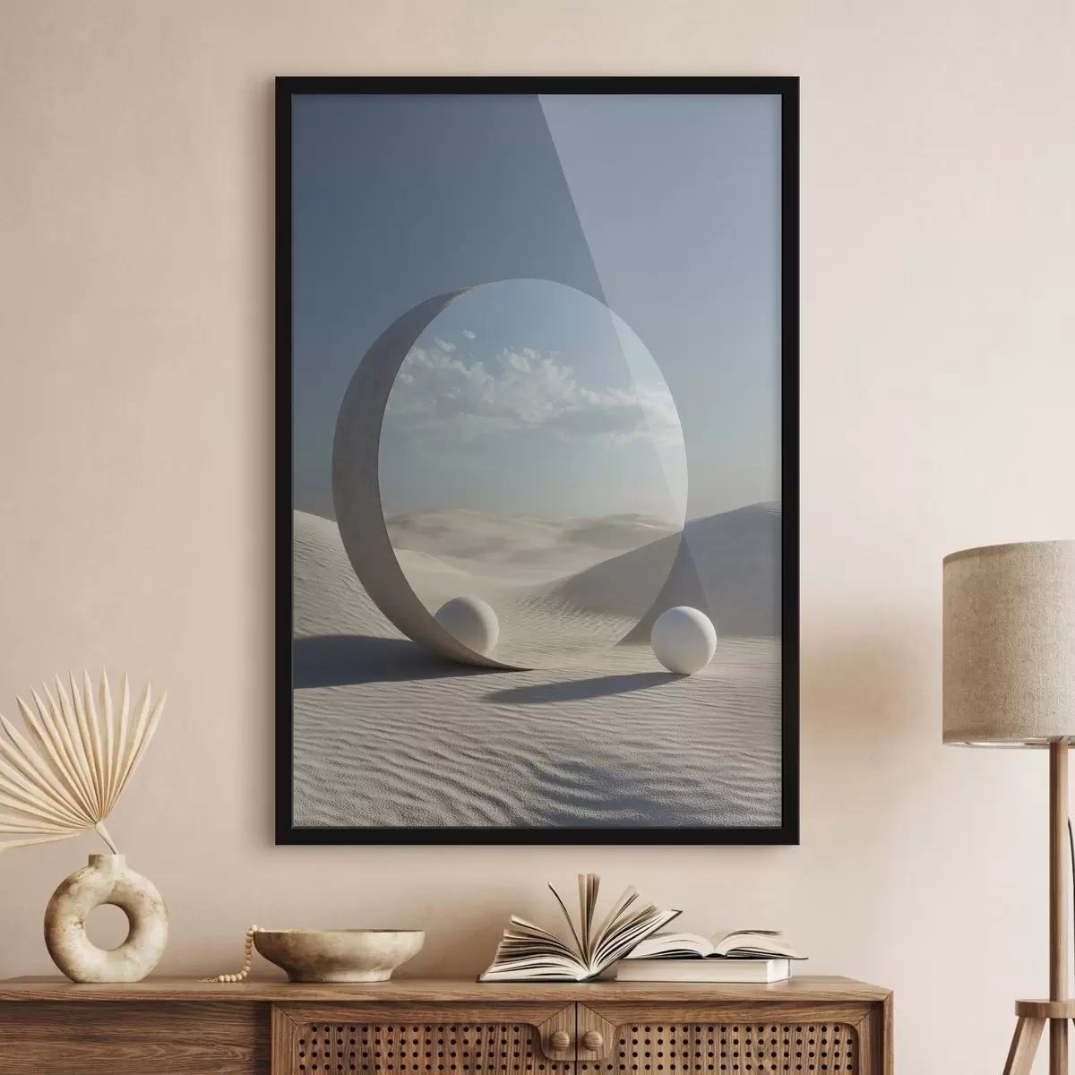 Poster Surreale paesaggio desertico con uno specchio rotondo che riflette il cielo e la luna f44792