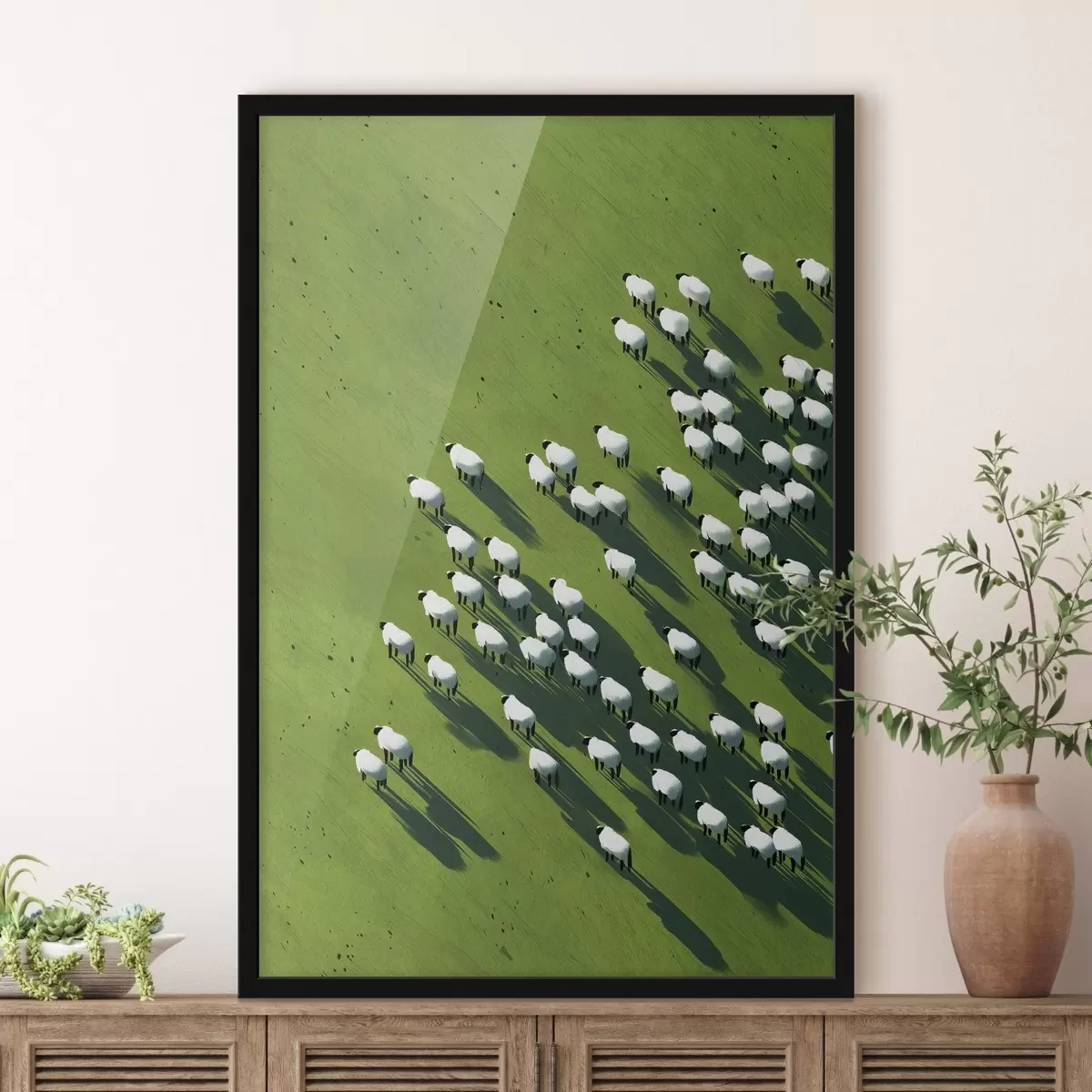 Poster Campo verde con un gregge di pecore, astrazione, veduta aerea f44793