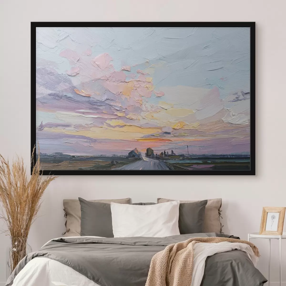 Poster Paesaggi di campagna nel disegno in stile olio, tramonto f44794