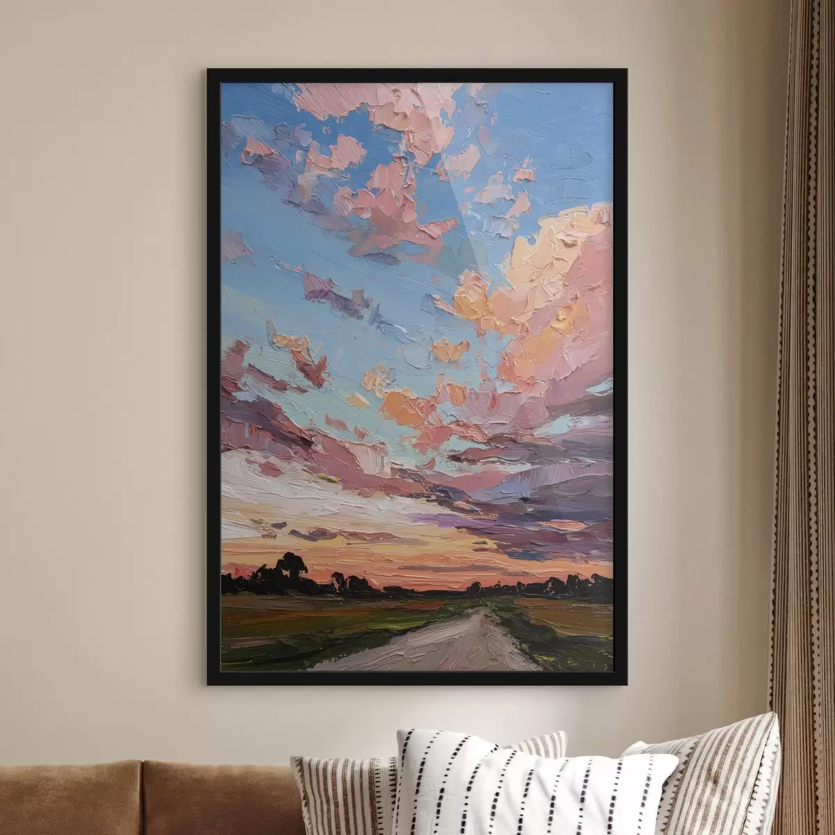 Poster Cielo al tramonto, strada nel campo, pennellate vivaci, imitazione dello stile ad olio f44795