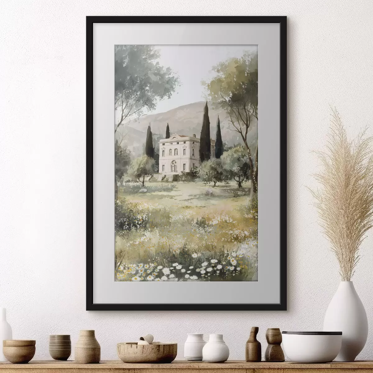Poster Villaggio mediterraneo con casa bianca circondata da giardino f44796