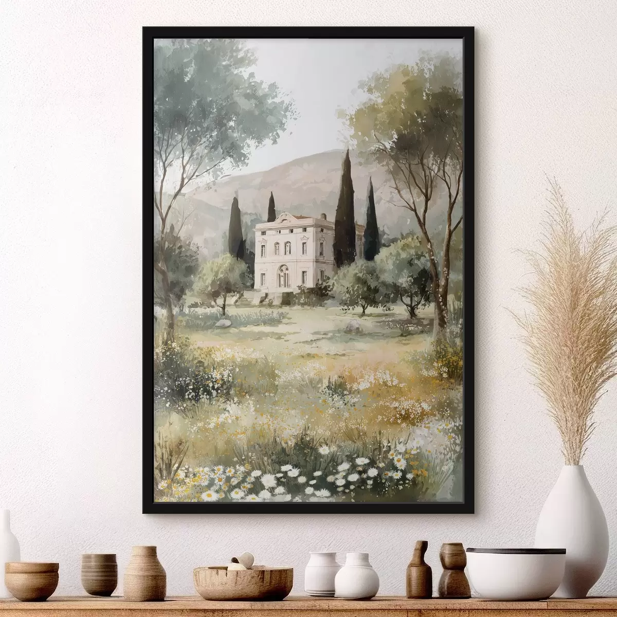 Poster Villaggio mediterraneo con casa bianca circondata da giardino f44796
