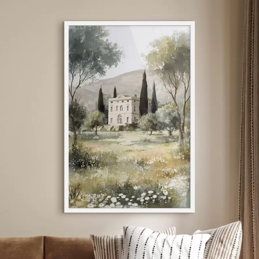 carta da parati Villaggio mediterraneo con casa bianca circondata da giardino nr. f44796