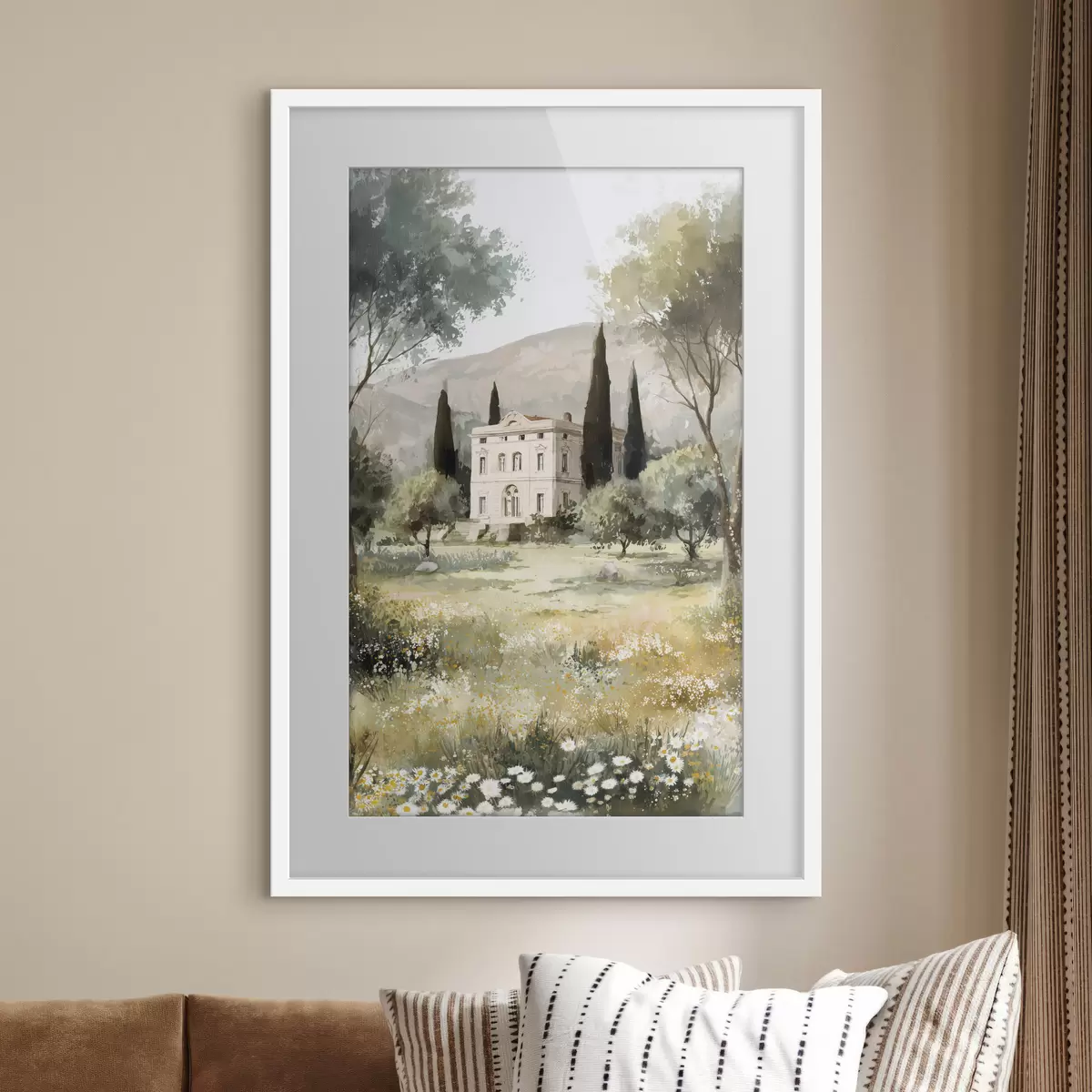 Poster Villaggio mediterraneo con casa bianca circondata da giardino f44796