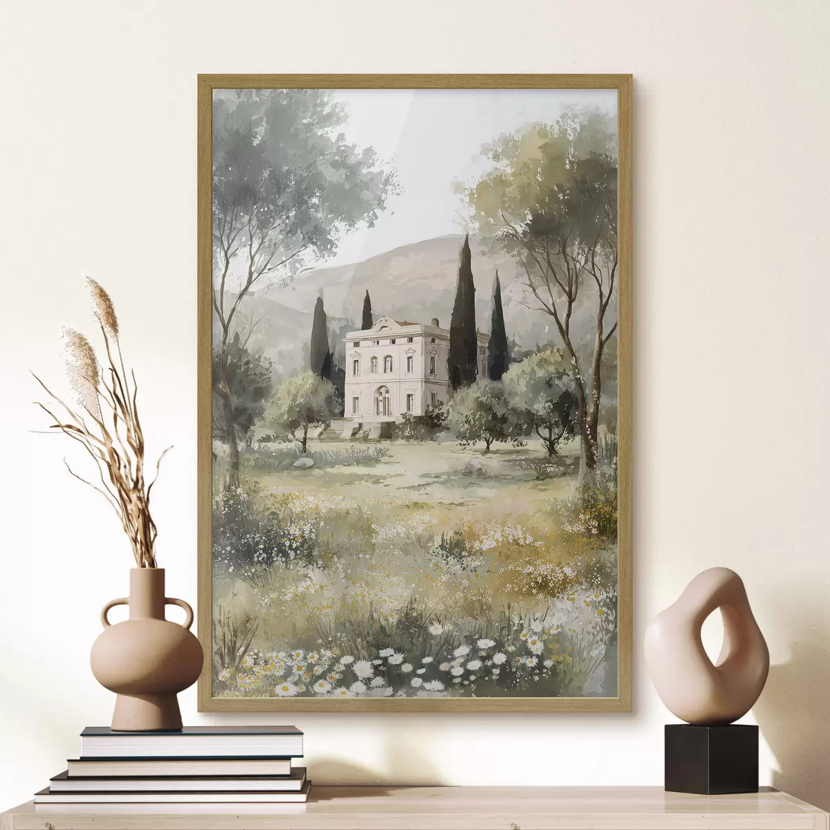 Poster Villaggio mediterraneo con casa bianca circondata da giardino f44796