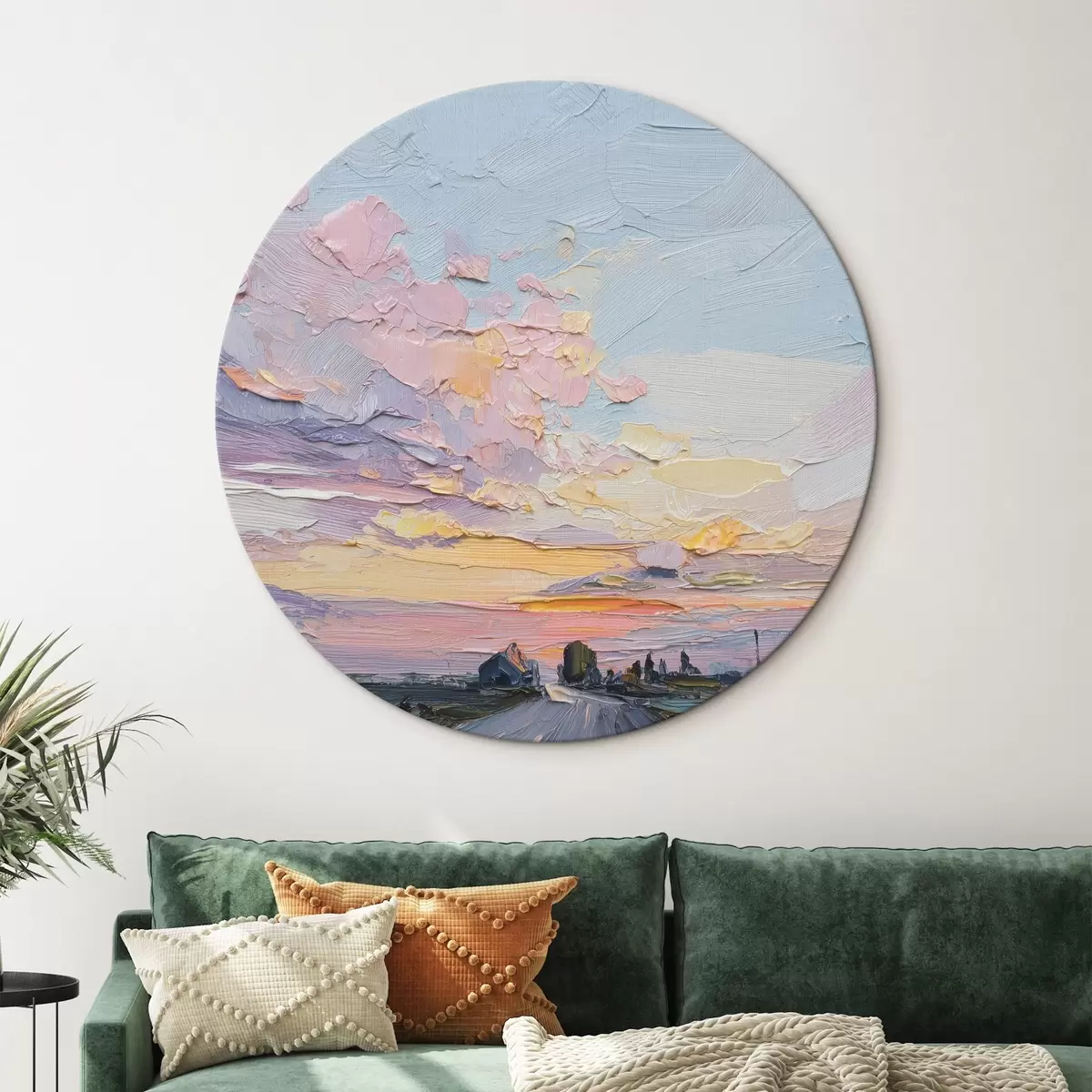 Quadri rotondi Paesaggi di campagna nel disegno in stile olio, tramonto r44794