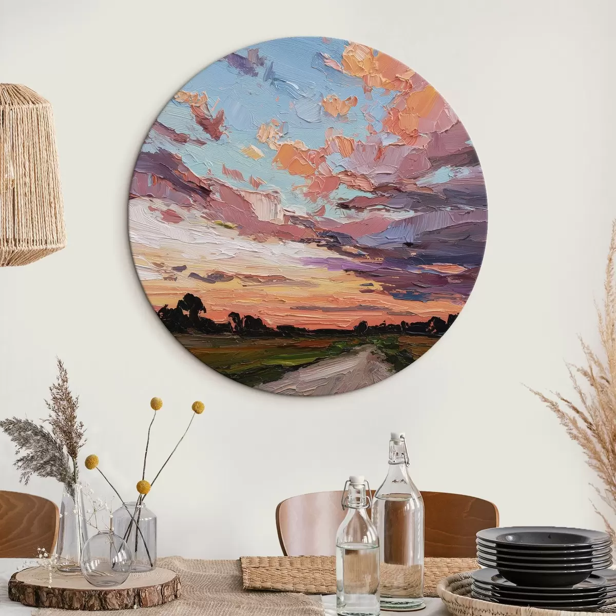 Quadri rotondi Cielo al tramonto, strada nel campo, pennellate vivaci, imitazione dello stile ad olio r44795