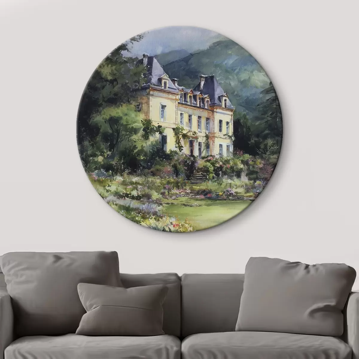 Quadri rotondi Castello francese circondato da un giardino di lavanda r44797