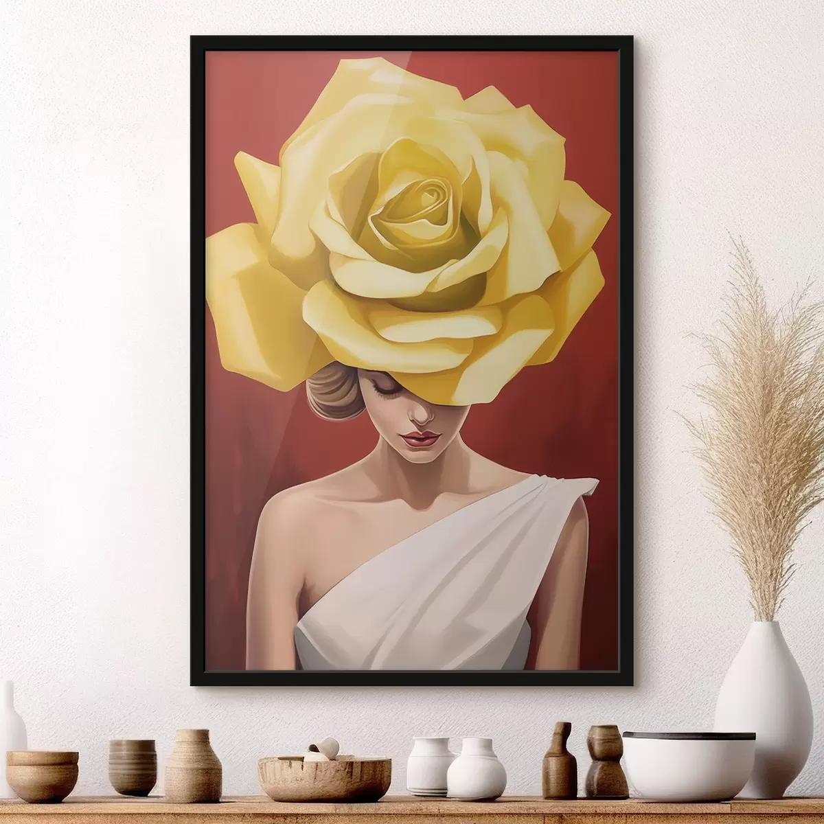 Poster Donna con cappello a forma di rosa gialla f44800