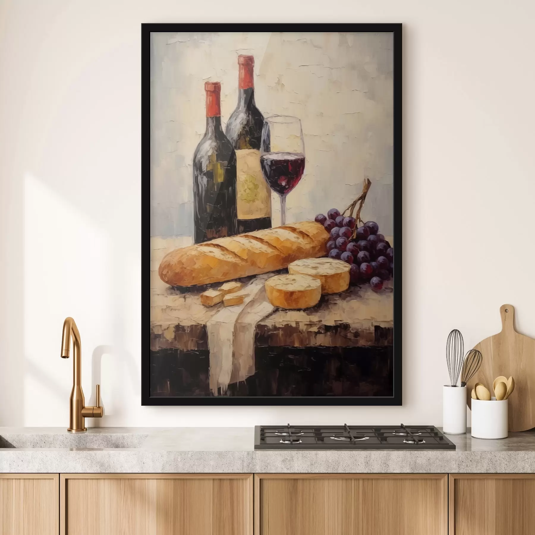 carta da parati Vino, baguette e uva nr. f44815