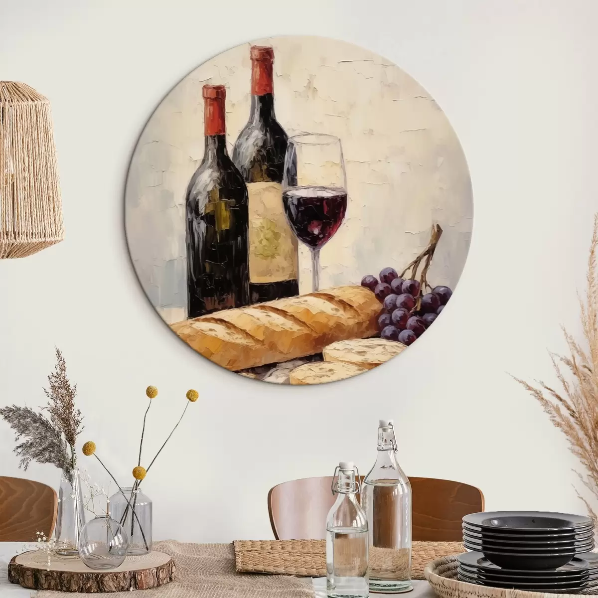 Quadri rotondi Vino, baguette e uva r44815