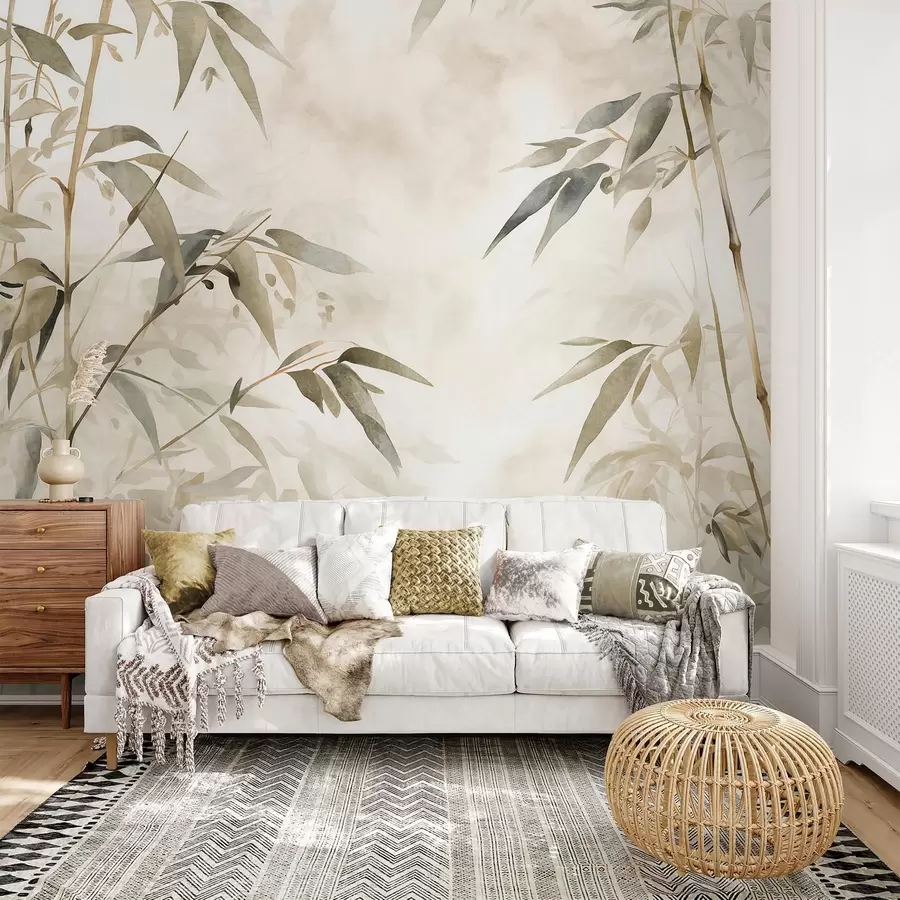 carta da parati Rami di bambù strutturati con foglie in stile acquerello, tavolozza di colori neutri e morbidi, sfondo beige chiaro nr. w09204