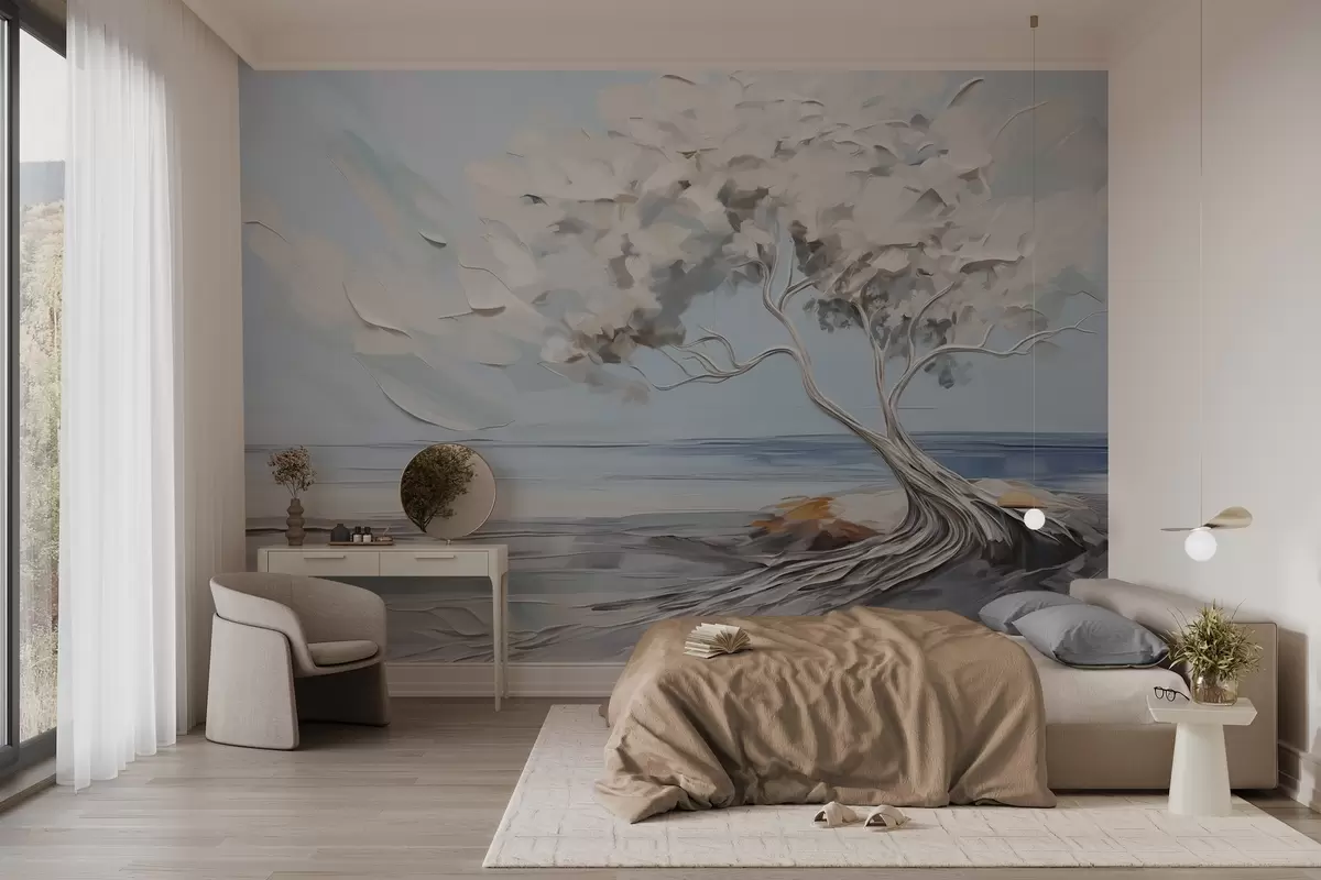 carta da parati Un albero bianco con foglie spesse e strutturate su una spiaggia sabbiosa, un paesaggio con un cielo blu chiaro nr. w09205