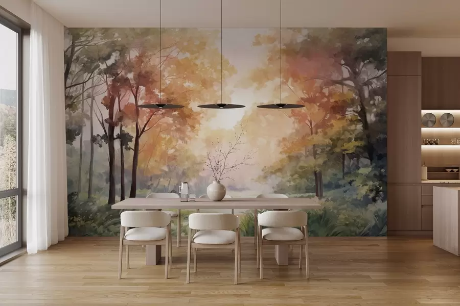 Carta da parati nature Paesaggio forestale strutturato, alberi con foglie arancioni e verdi, tavolozza di colori pastello 