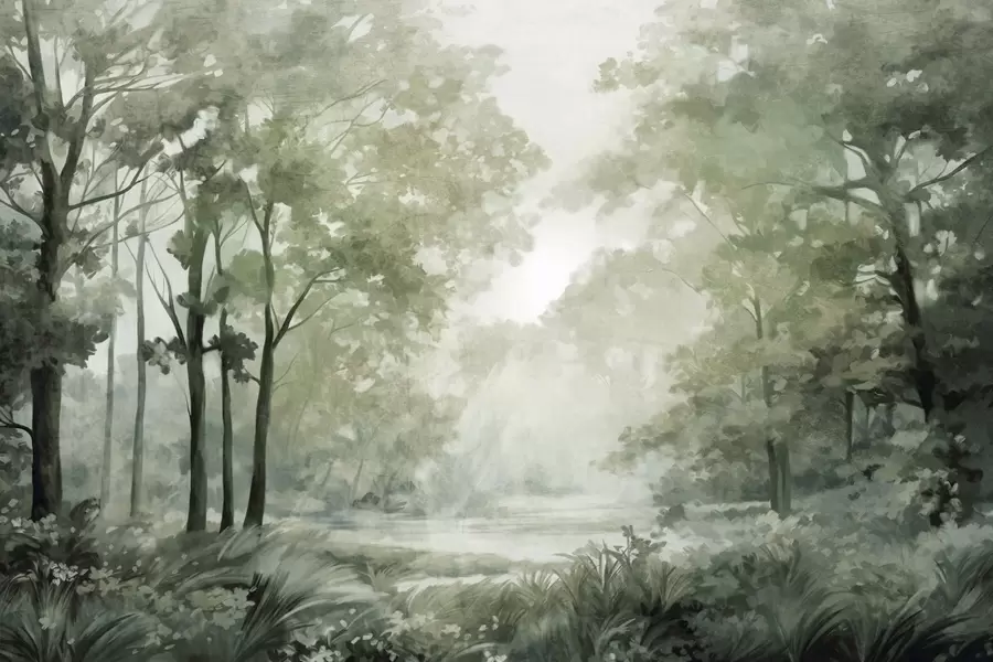 Carta da parati nature Paesaggio forestale strutturato, alberi con foglie verdi, tavolozza di colori pastello 