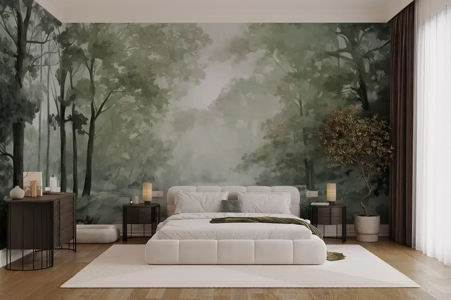 Carta da parati nature Paesaggio forestale strutturato, alberi con foglie verdi, tavolozza di colori pastello 