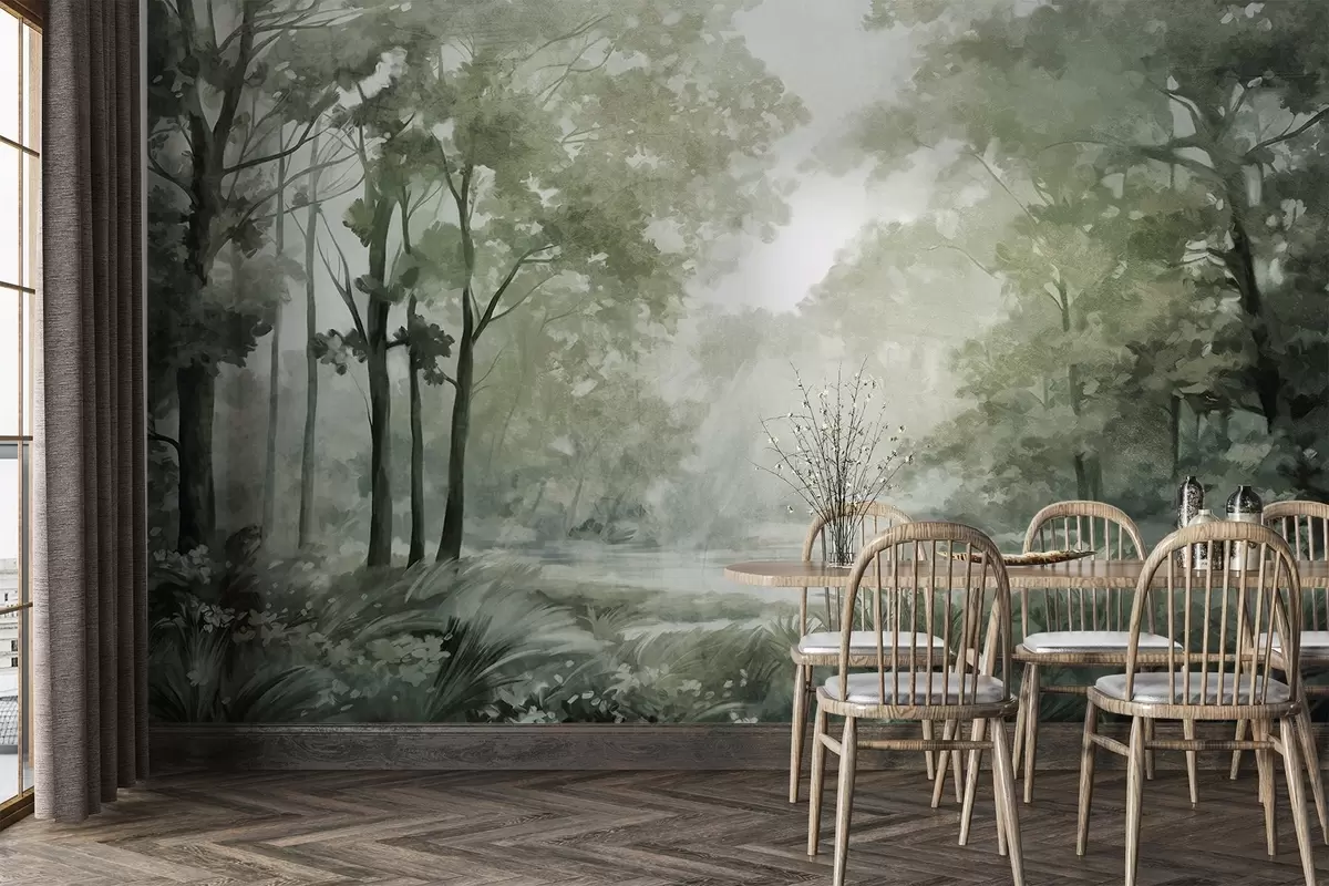 carta da parati Paesaggio forestale strutturato, alberi con foglie verdi, tavolozza di colori pastello nr. w09210v2